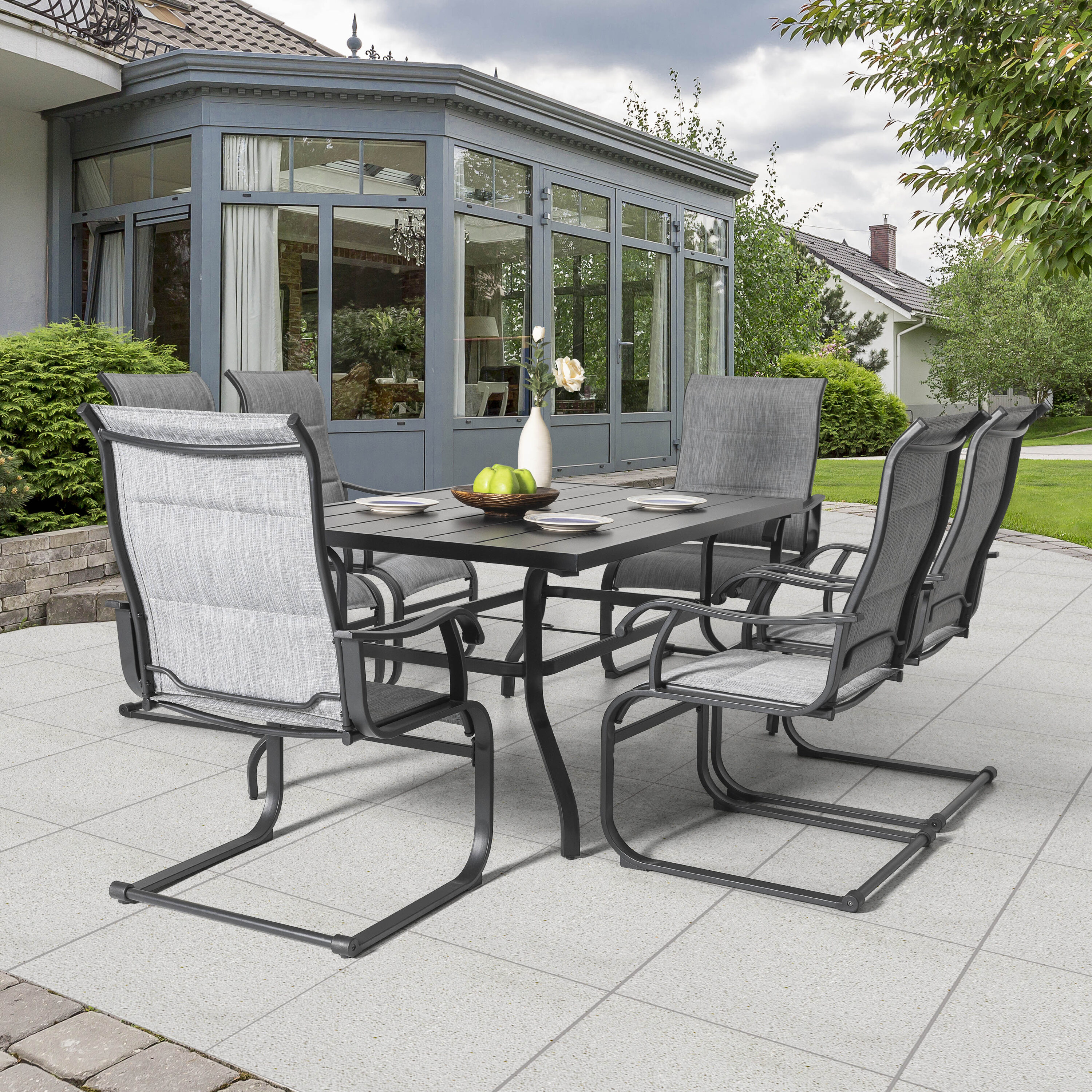 Nuu Garden SD006-T3BK Patio Dining Sets 7 -Piece Black Patio Dining Set Iron Rectangle Table with 6 Light gray C-spring Chairs