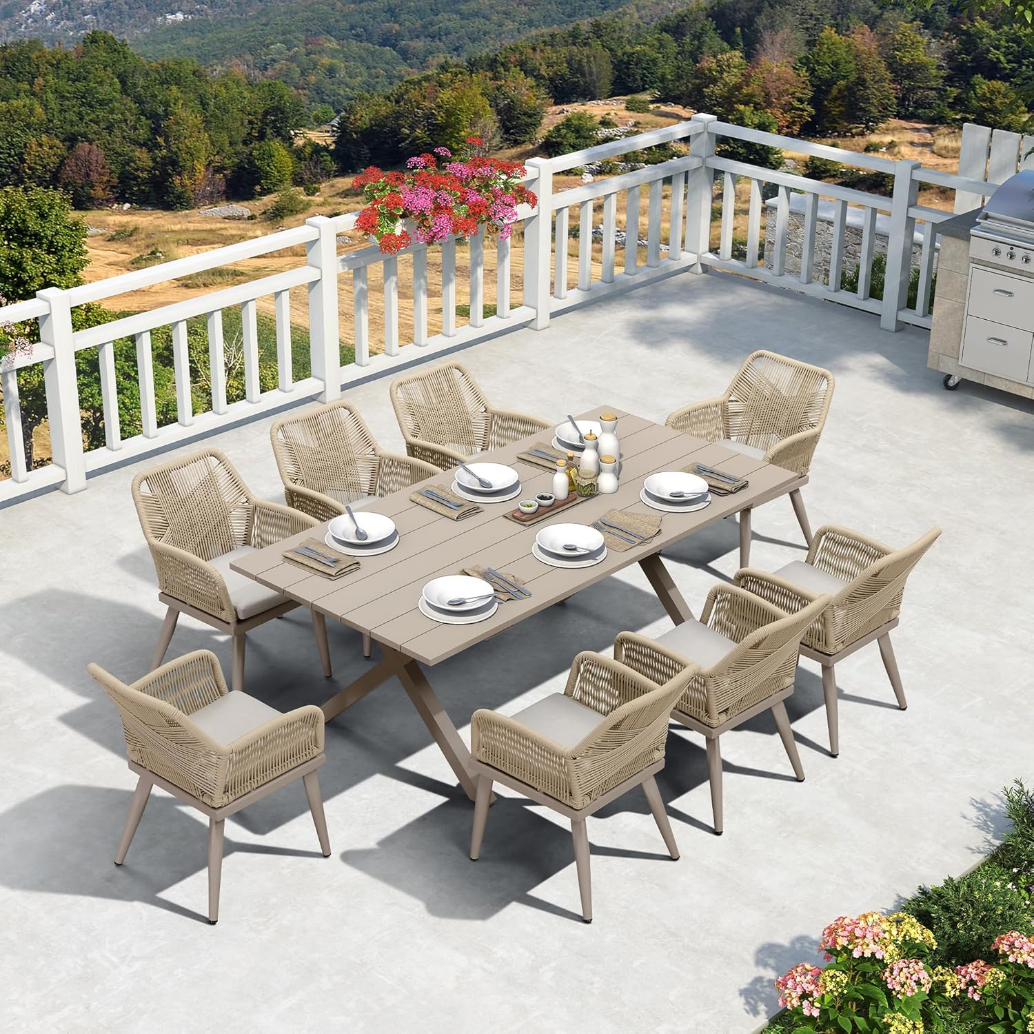 PURPLE LEAF LS01-RVR09-205-CP 9 -Piece 9 pieces-Rectangle Rattan Patio Dining Set Aluminum Rectangle Table with 8 Yellow Cushions Stationary Chairs