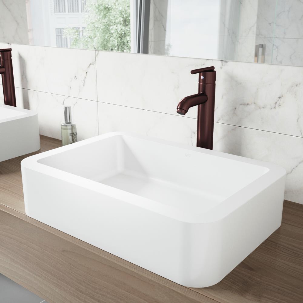VIGO VGT1006 Vessel sink Matte White Matte Stone Vessel Rectangular Modern Bathroom Sink with Faucet Drain Included (22.75-in x 15.75-in)