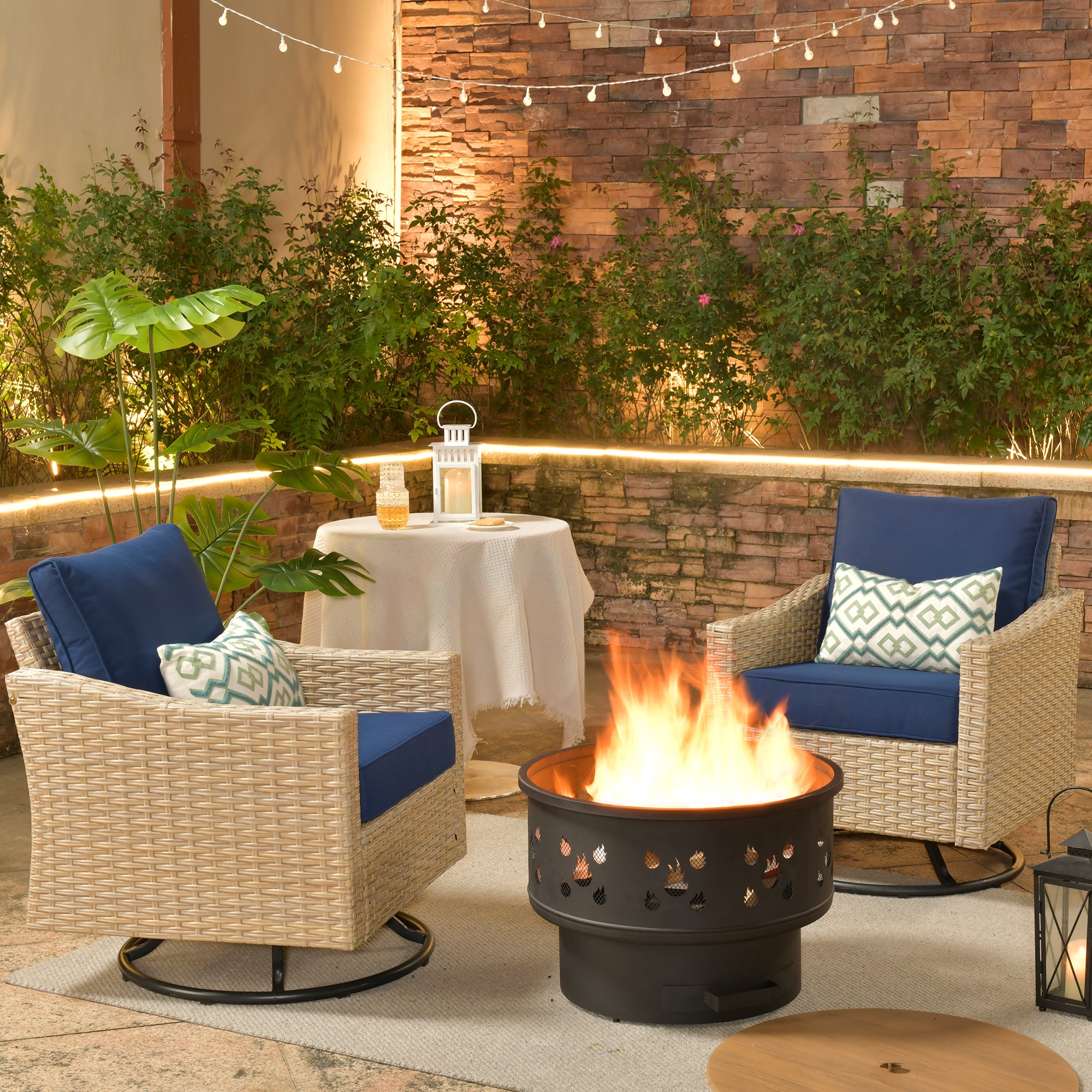 XIZZI XIDAR7033-RC2YMFP Aries 3 -Piece Rattan Patio Conversation Set with Blue Cushions