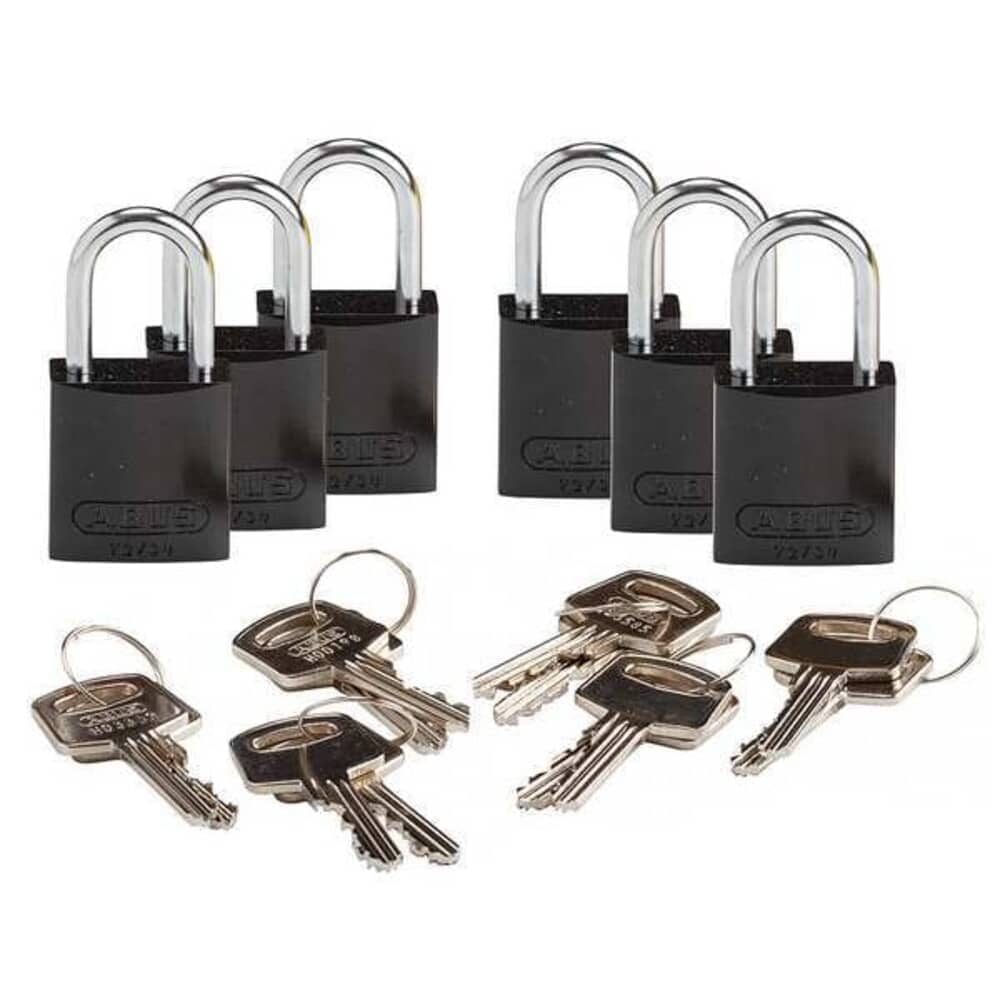 Brady  Lockout Padlock Keyed Alike Aluminum Black 1 in Shackle Height 1 1/4 in Body Width 6 PK