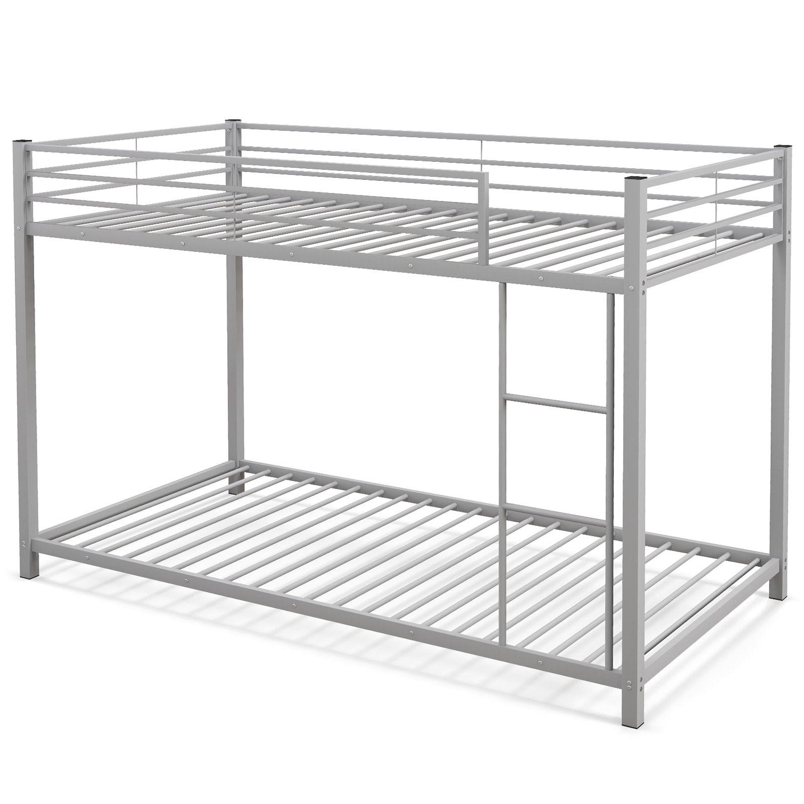 Slickblue Modern Twin Over Twin Metal Bunk Bed with Built-In Ladder and Guardrails – Low Profile Design for Kids or Guest Room - Black/Silver/White