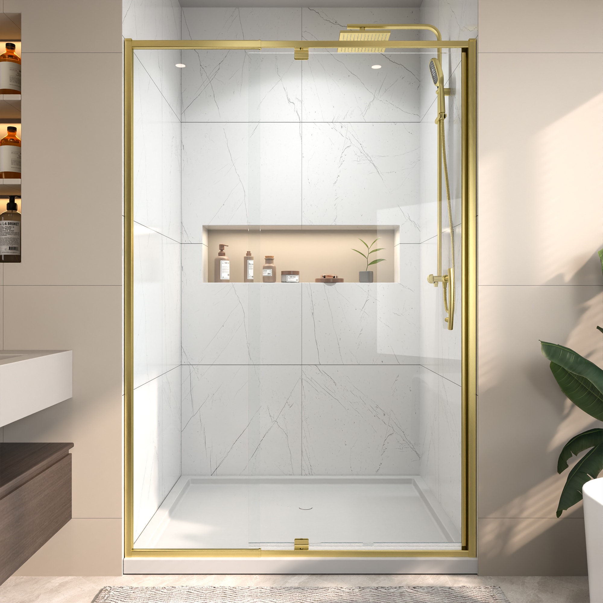 AAZJ Fortin Pivot Shower Door Brushed Gold 44-in to 48-in W x 71-in H Framed Clear Glass Pivot Shower door