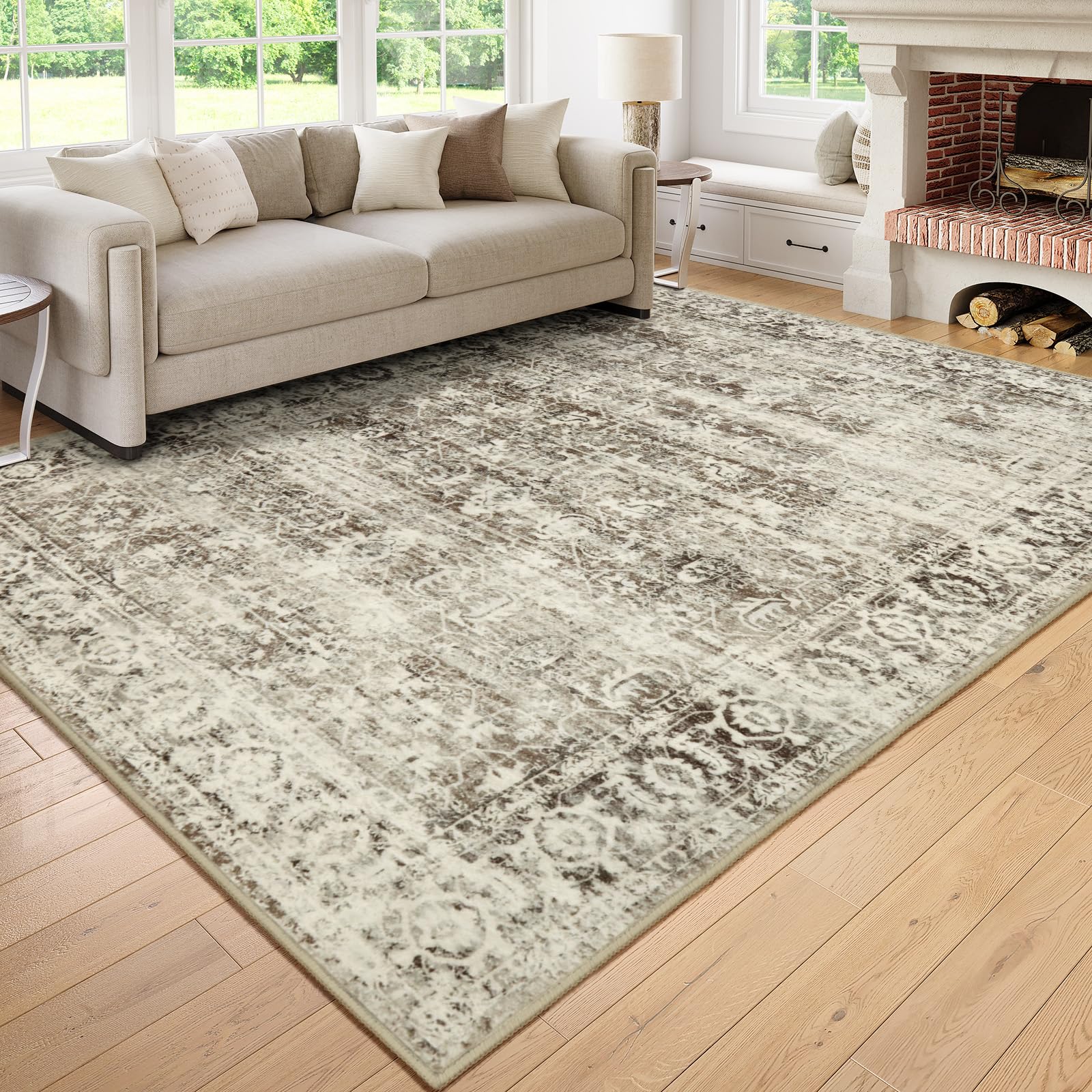 Lahome AR-ZZR-006-BR2 6 x 9 (ft) Brown Vintage Flow Pearl Velvet Rectangular Indoor Area Rug
