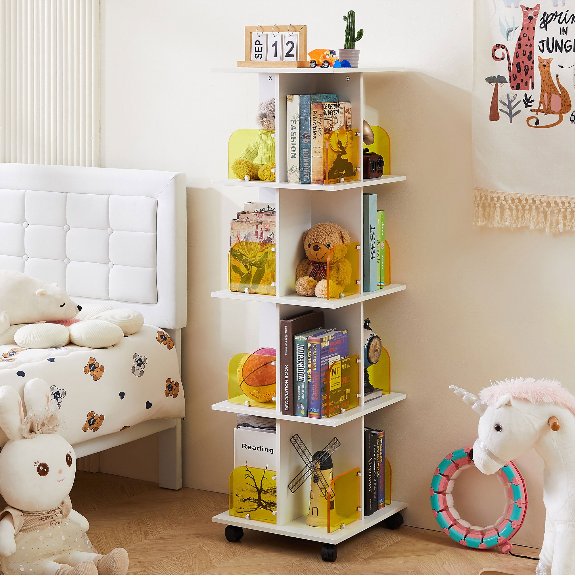 Vecelo LOE-B13-WHT 4 Tier Rotating Bookshelf Modern Swivel Bookcase Stackable Square Book Shelves Floor Standing Storage for Home Office