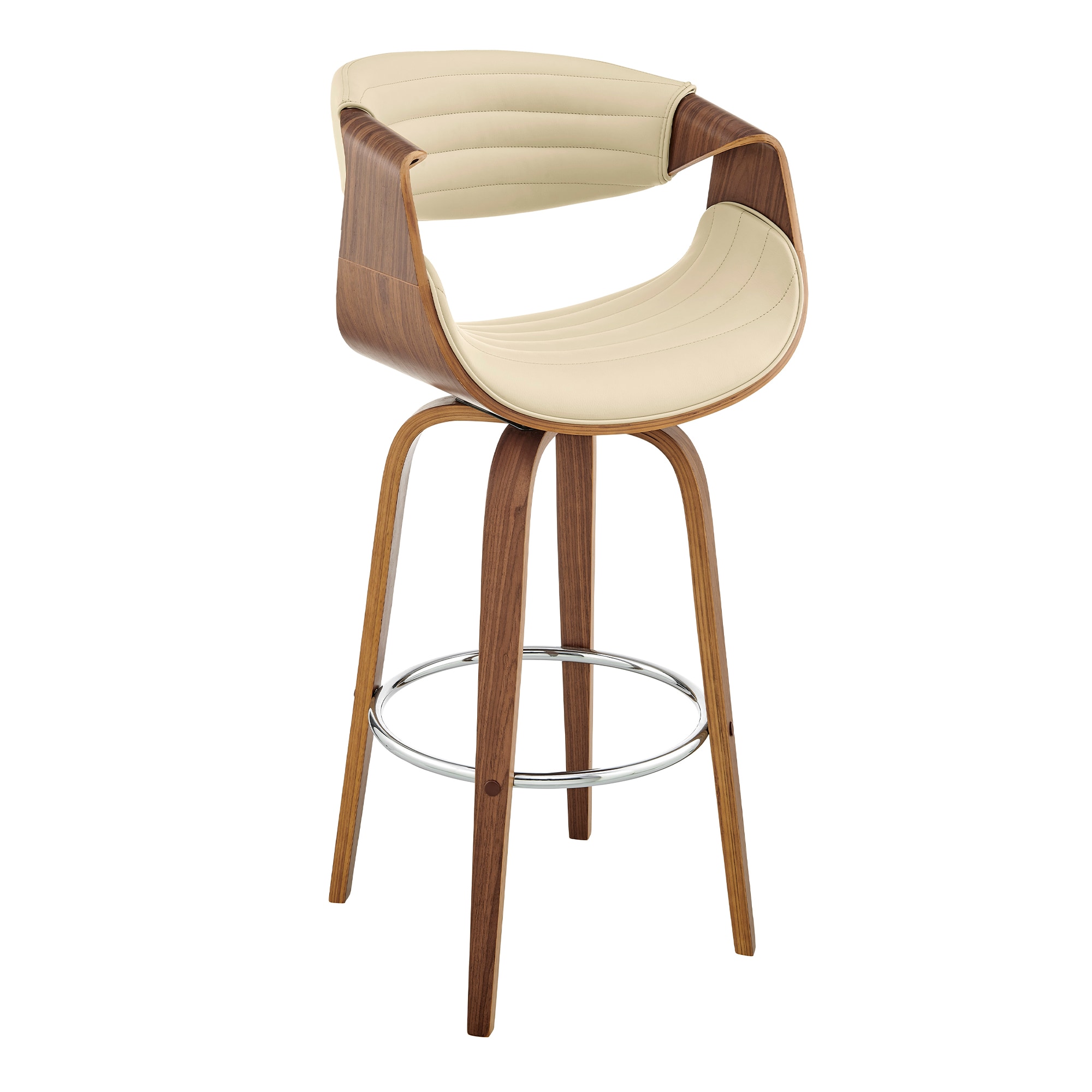 Armen Living LCAYBAWACR30 Arya Cream Walnut 30.0-in H Bar height Bucket seat Upholstered Swivel Wood Bar Stool with Arms and Back