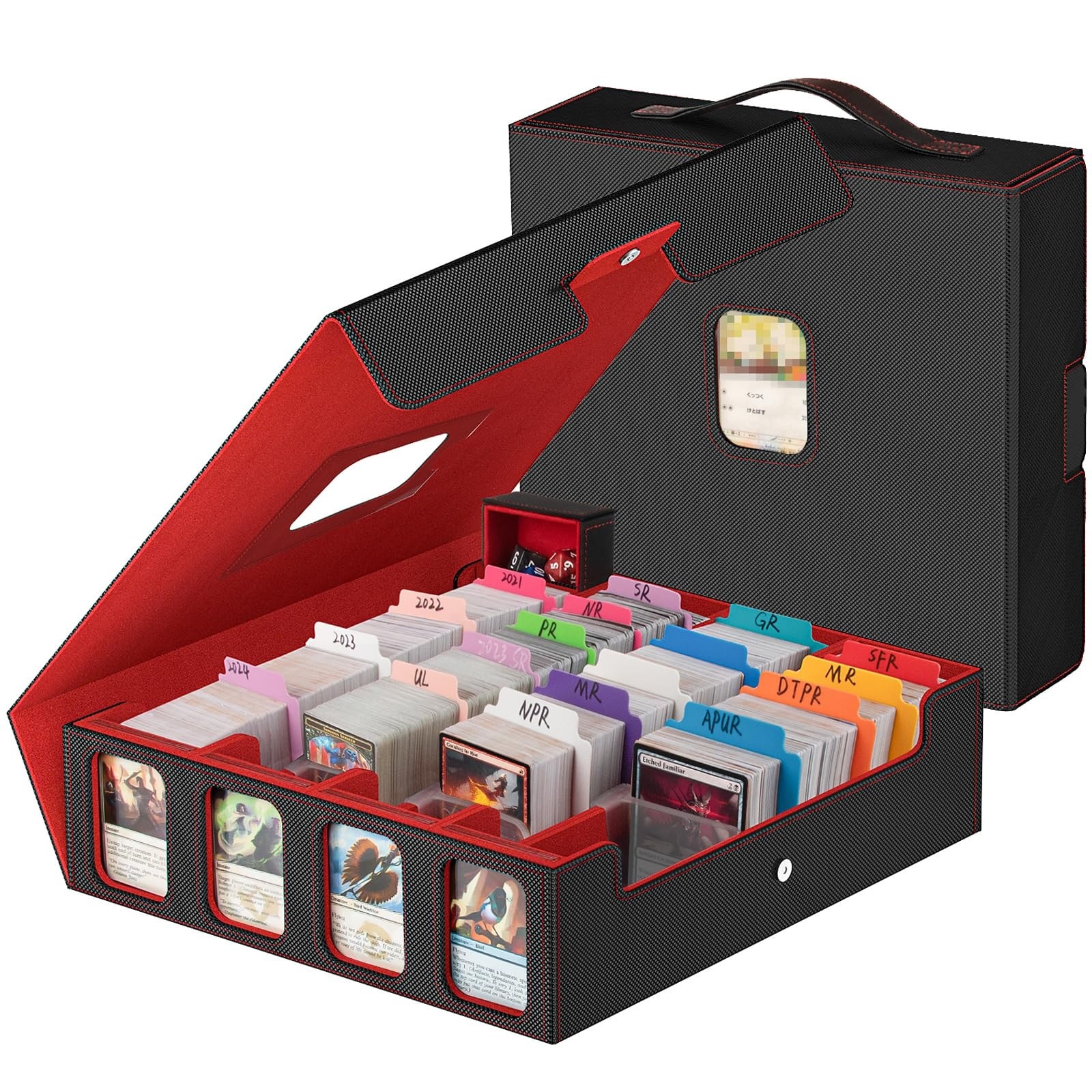 Lukvuzo  1 Piece 3200 Card Storage Box 4 Row Trading Card Case with Handle Display Windows 8 Dividers 30 Label Tags Fits MTG TCG LCG 12.6 x 12.6 x 3.9 Inch