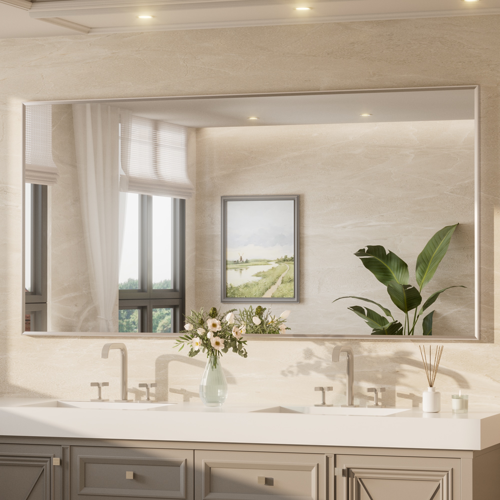 Keonjinn 72-in W x 36-in H Rectangle Brushed Nickel Framed Wall Mirror