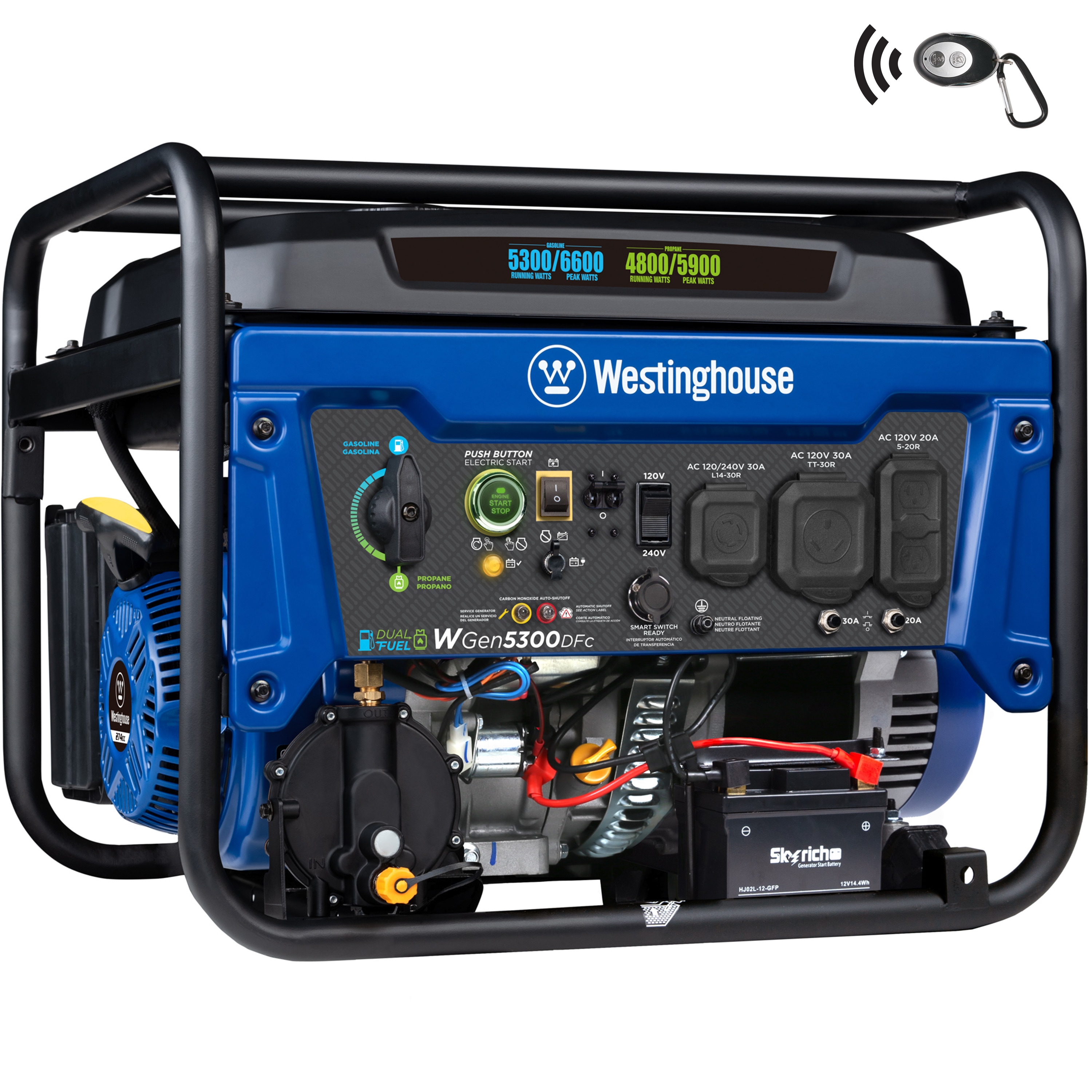 Westinghouse WGen5300DFc Remote Electric Start 6600 / 5300 -Watt Gasoline/Liquid propane Dual fuel Portable Generator