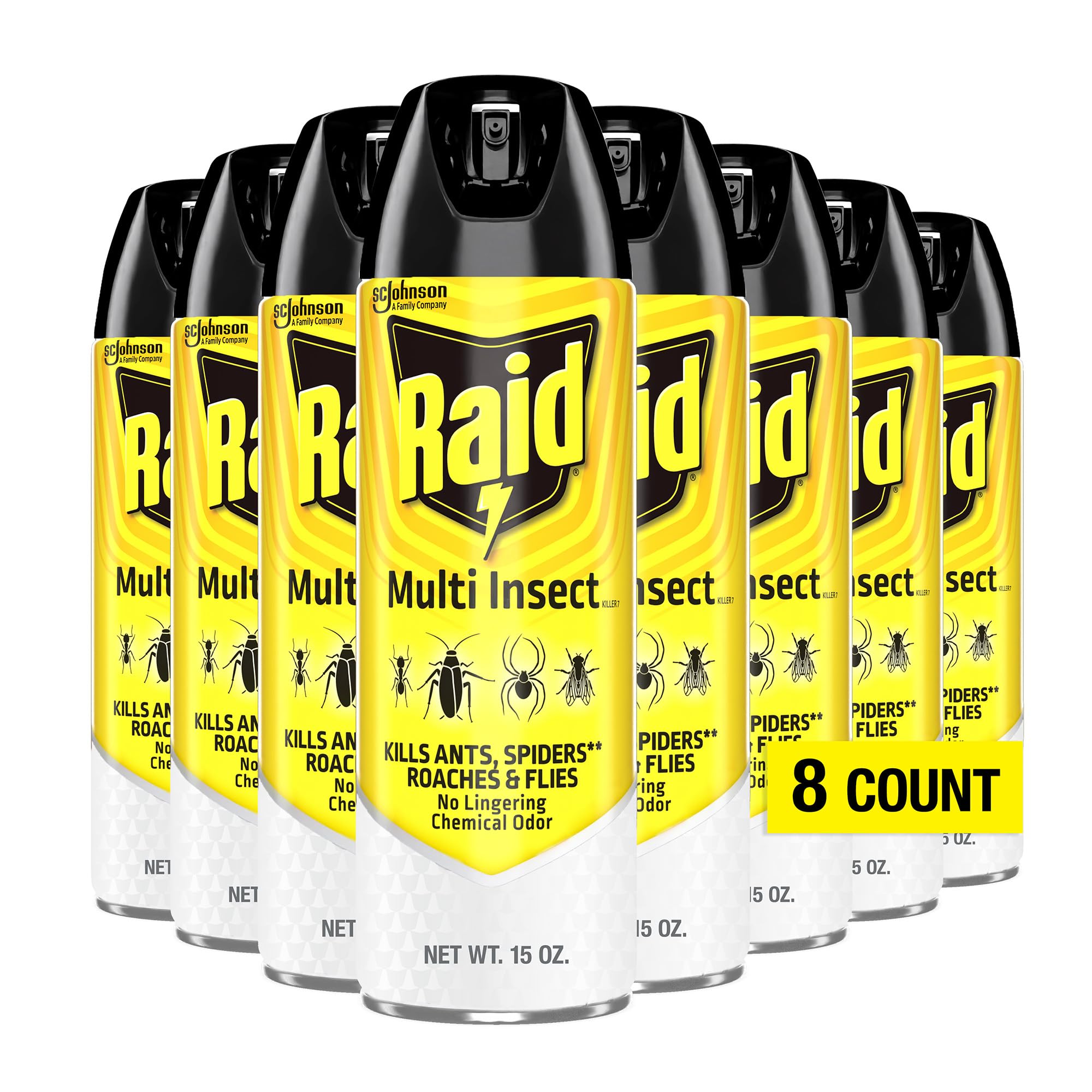 Raid  Multi Insect Killer Aerosol Kills Ants Spiders Roaches and Flies No Lingering Chemical Odor Indoor and Outdoor Use 15 Ounce (Pack of 8)