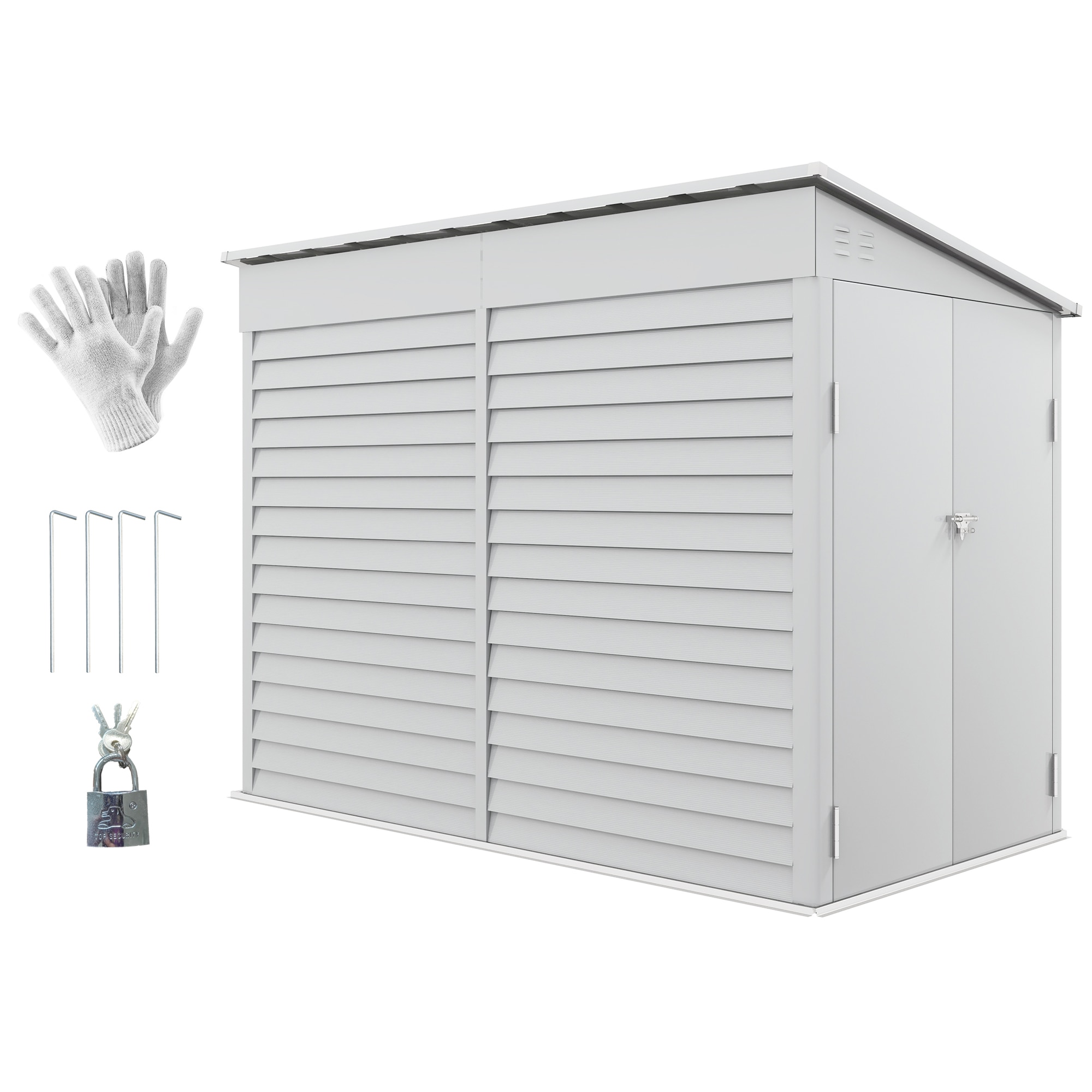 Outsunny 845-841V01WT 4.6ft x 9ft Steel Outdoor Storage Shed Lean to Shed Metal Tool House with Foundation Kit Lockable Doors Gloves and 2 Air Vents for Backyard Patio Lawn White