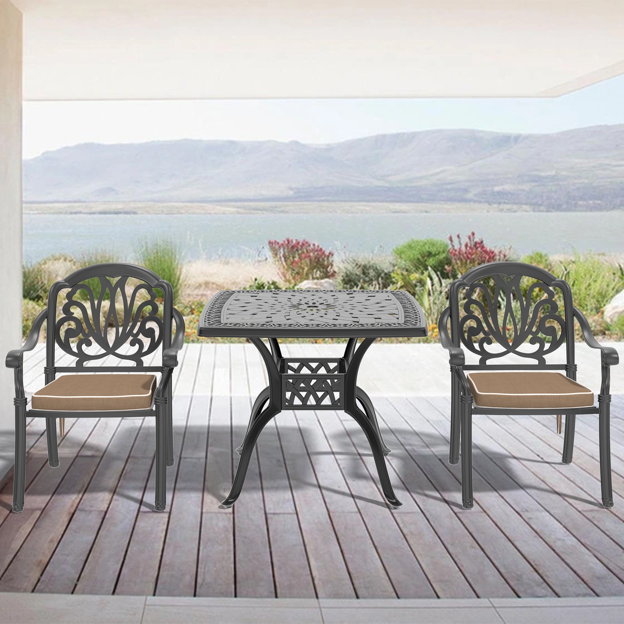 nicesure SLBK6002CZ2A1173RC 3 -Piece Black Patio Dining Set Aluminum Square Table with 2 Cushions Stackable Stationary Chairs