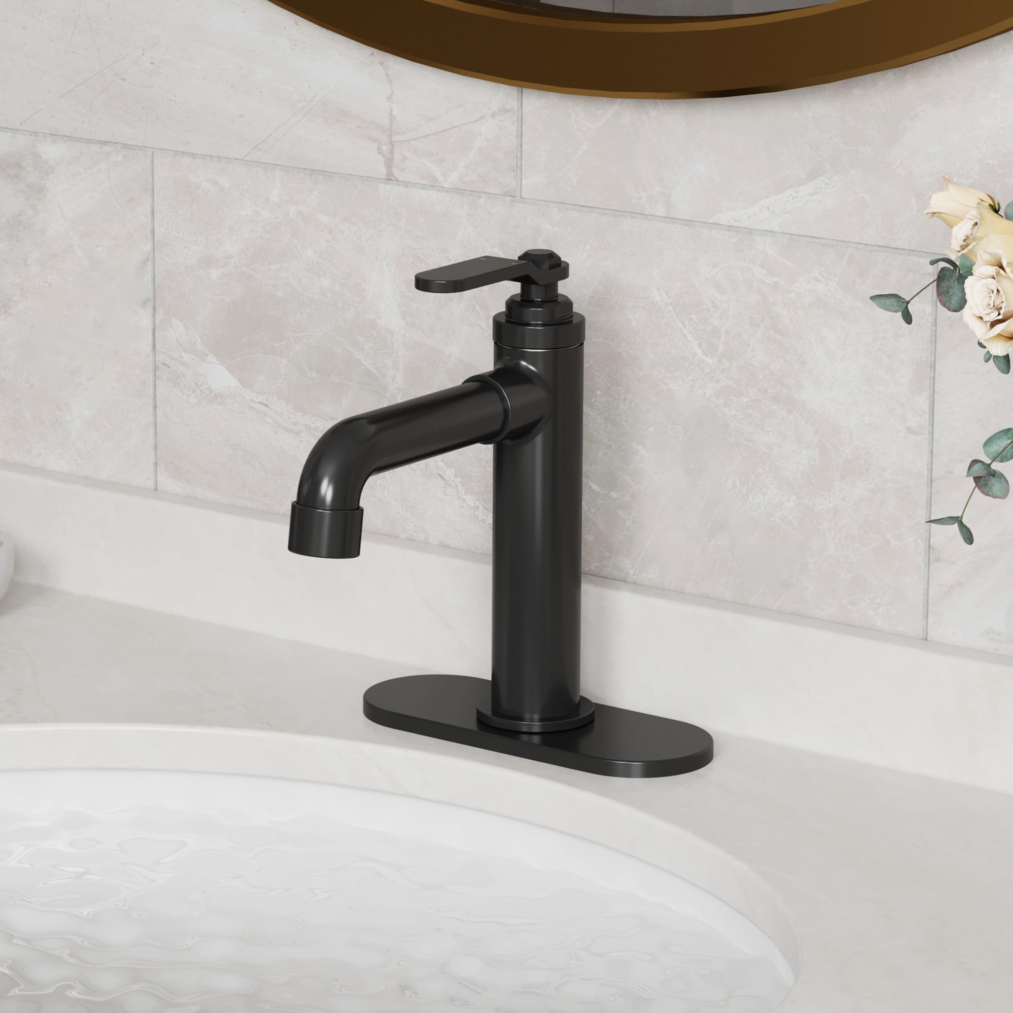 CASAINC RB0770-WE Matte Black Single hole 1-handle Mid-arc Residential Handle Bathroom Sink Faucet with Drain with Deck Plate