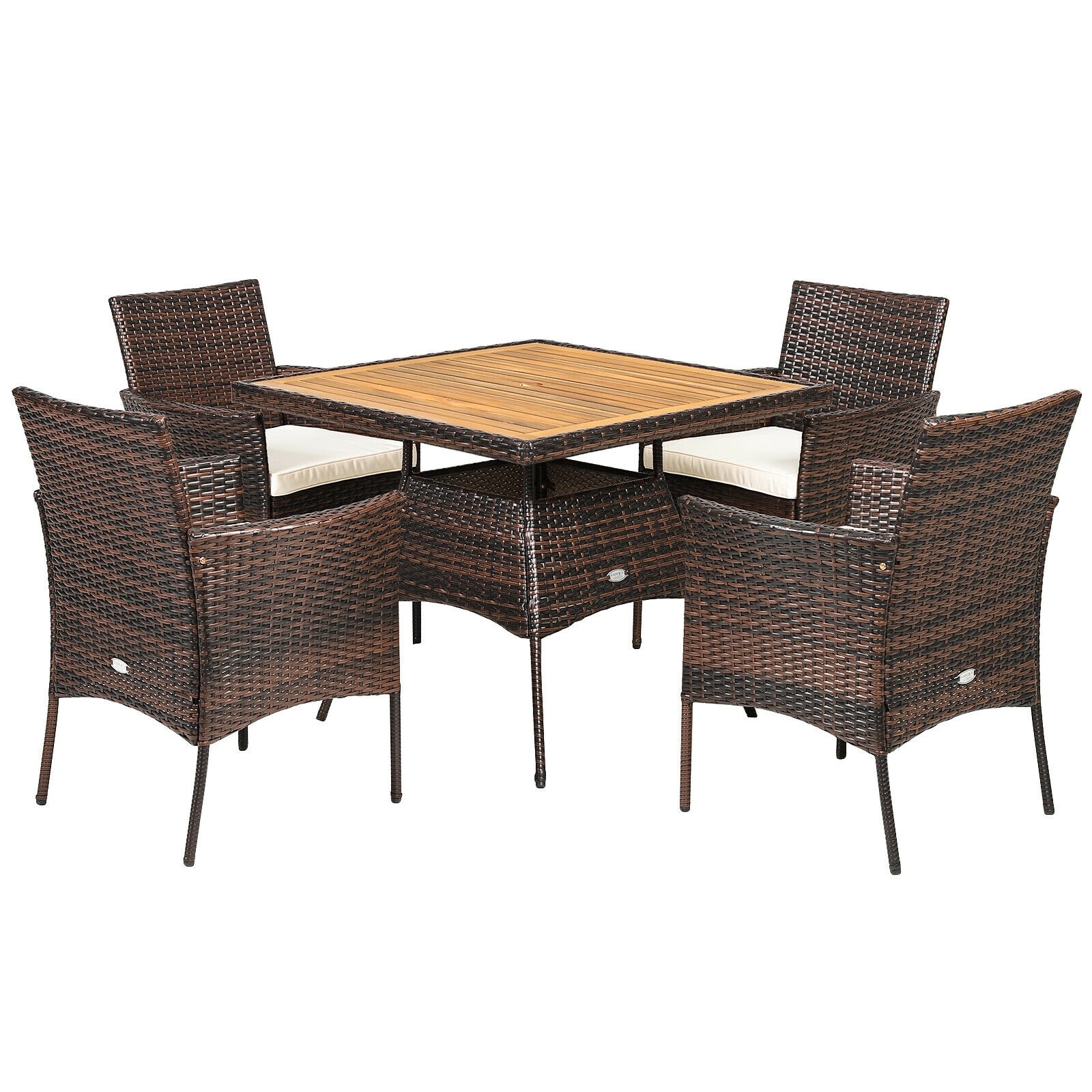 WELLFOR OUS67789+ 5 -Piece Brown Rattan Patio Dining Set Wood Square Table with 4 Off-white Cushions Stationary Chairs