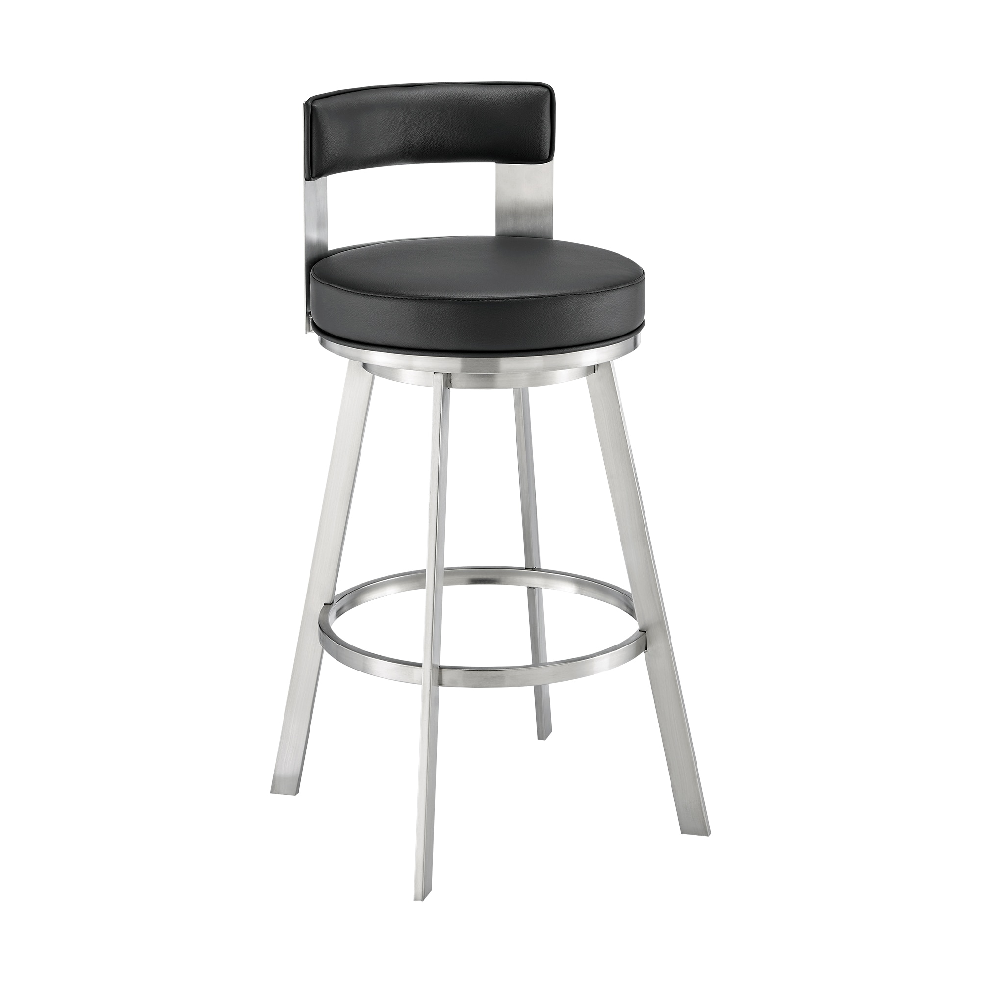 Armen Living LCFLBABSBLK30 Brushed Stainless Steel 30-in H Bar height (28-in to 33-in) Round Seat Upholstered Swivel Metal Back Bar Stool Back
