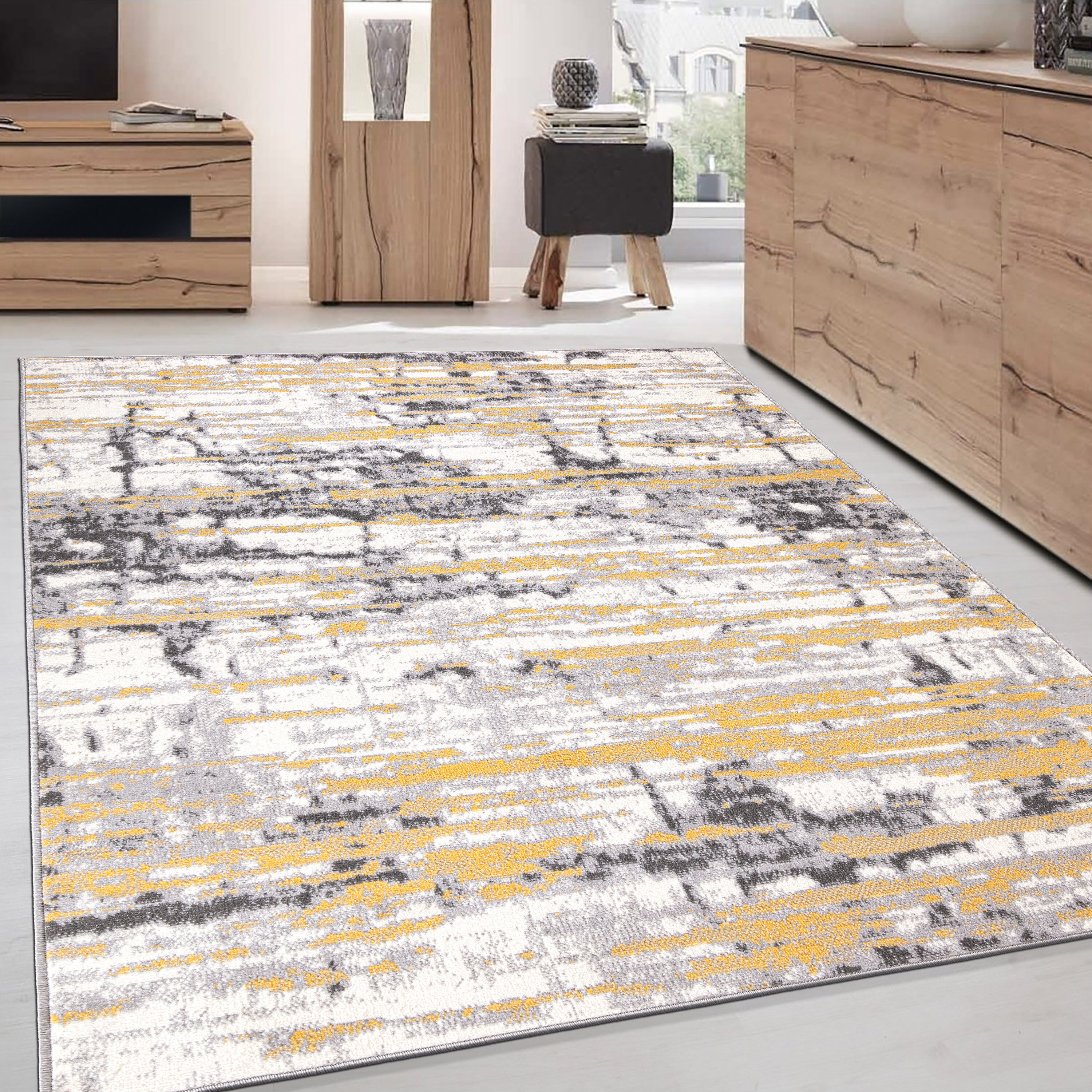 Yellow and Gray Abstract 8' x 10' Synthetic Area Rug