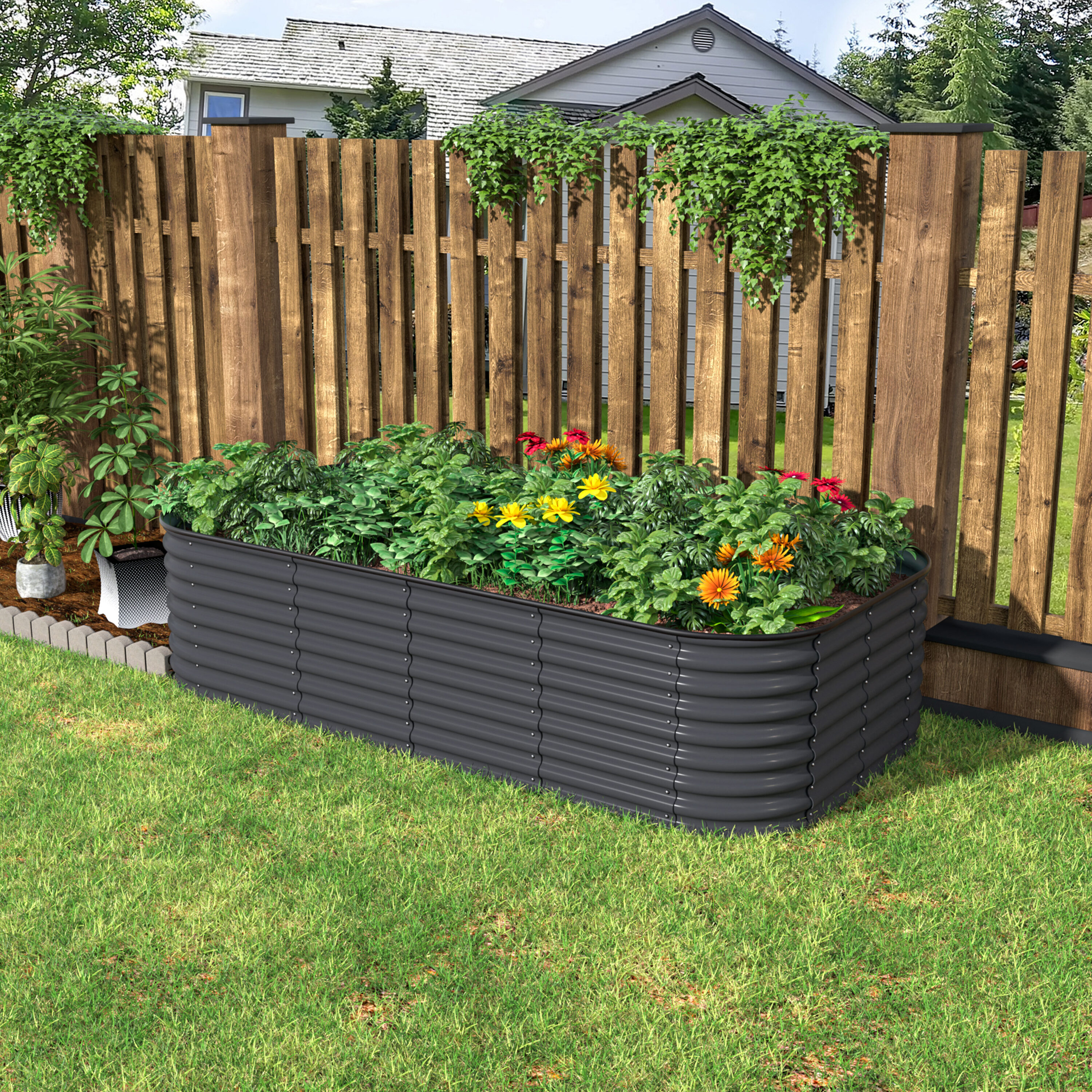 VEIKOUS PG0102-84-01GY 64-cu ft 48-in W x 96-in L x 24-in H Gray Metal Raised Garden Bed