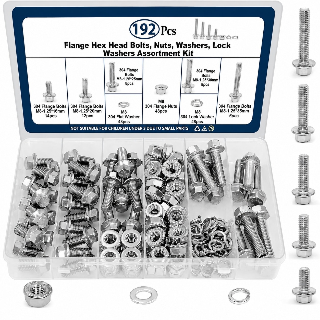 SenQWFa  M8 1.25 Bolt x Length 16mm 20mm 25mm 30mm 35mm 304 Stainless Steel Flange Hex Head Bolts Assortment Kit 192 Piece with 8mm Bolt Serrated