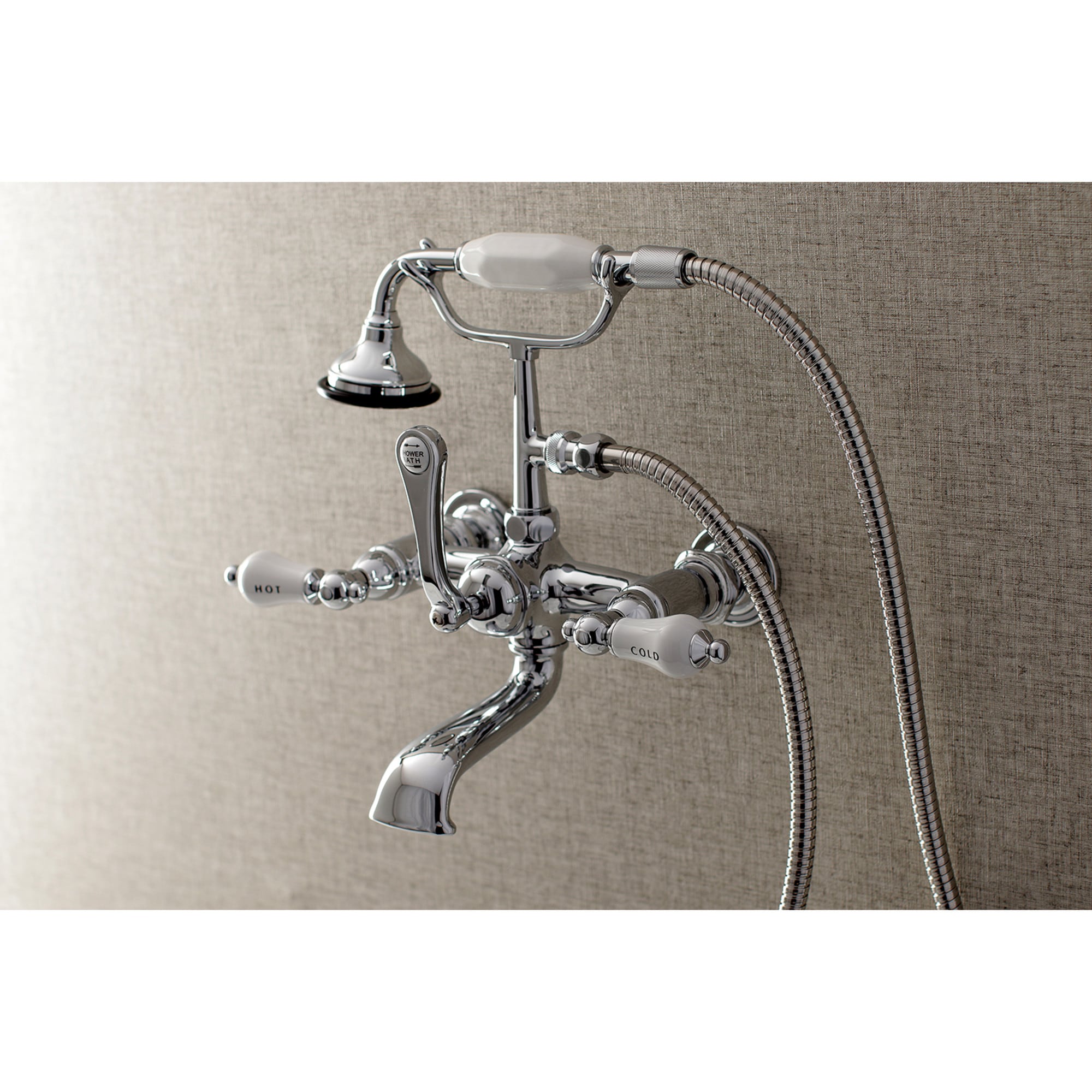 Kingston Brass WLAE556T1 Vintage Polished chrome 3-handle Wall-mount Low-arc Bathtub Faucet with Hand Shower ( Valve Included )