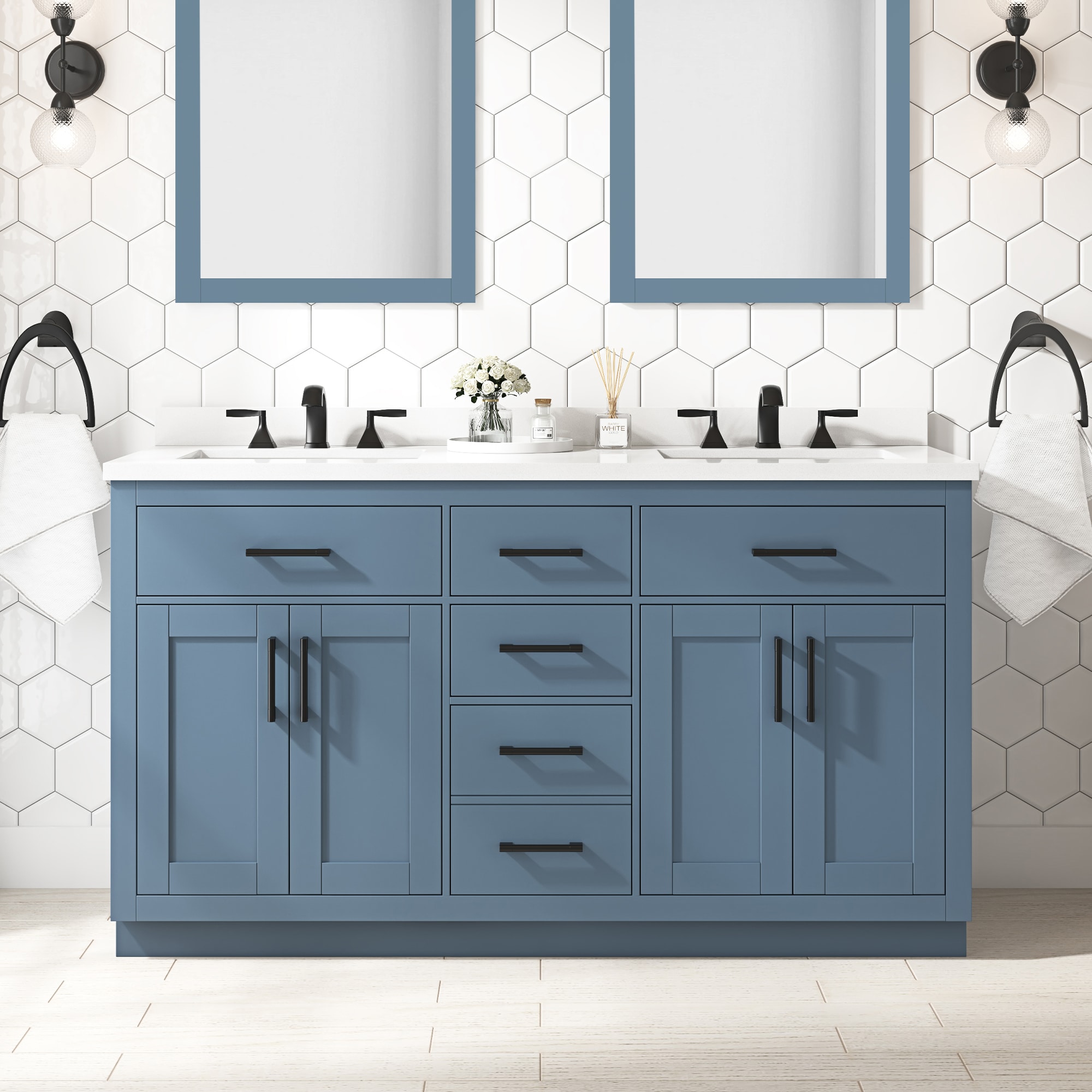 OVE Decors 15VVA-BAIL60-125 Bailey 60-in Blue lagoon Undermount Double sink Bathroom Vanity with White Quartz Top