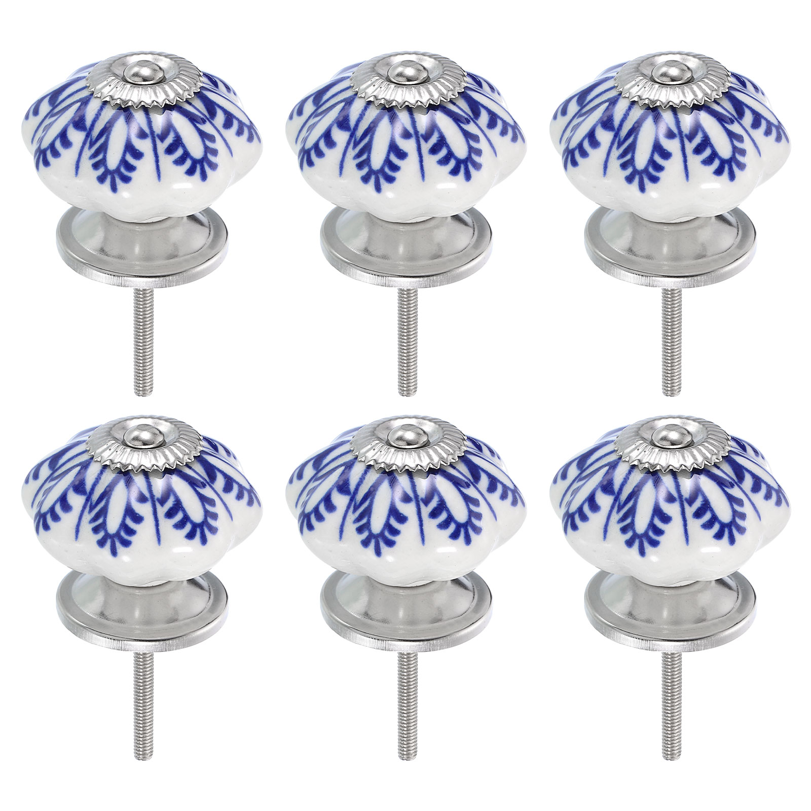 Unique Bargains 6pcs Floral Ceramic Pull Knobs Vintage Round Cabinet Knobs Blue Petals Ceramic Knobs Pumpkin Knobs for Kitchen Cabinet Door Drawer Wardrobe Cupboard