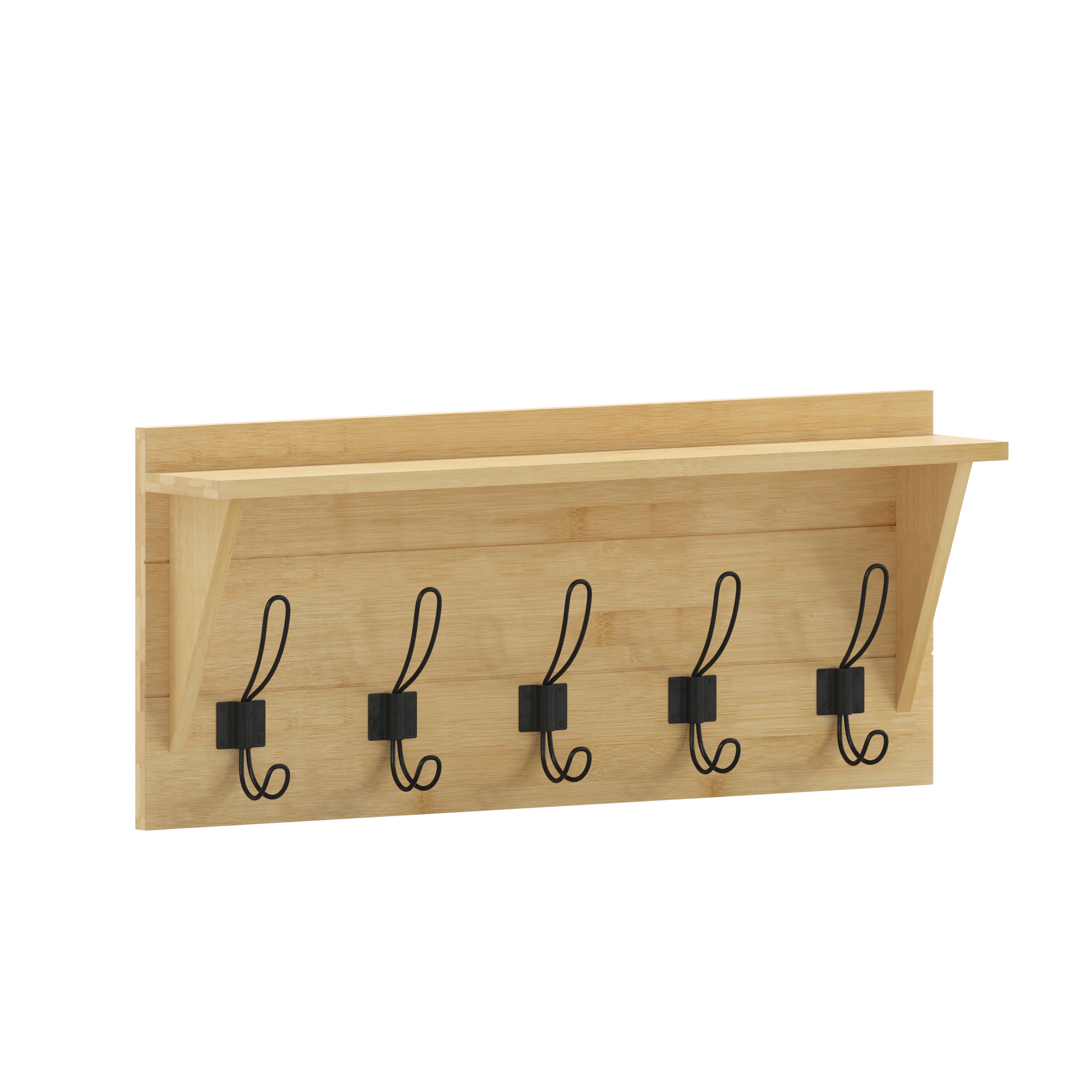 Merrick Lane - Enid Bamboo Finish Pine Wood 24 Inch Wall Mount Storage Rack with 5 Hooks and Uppe...