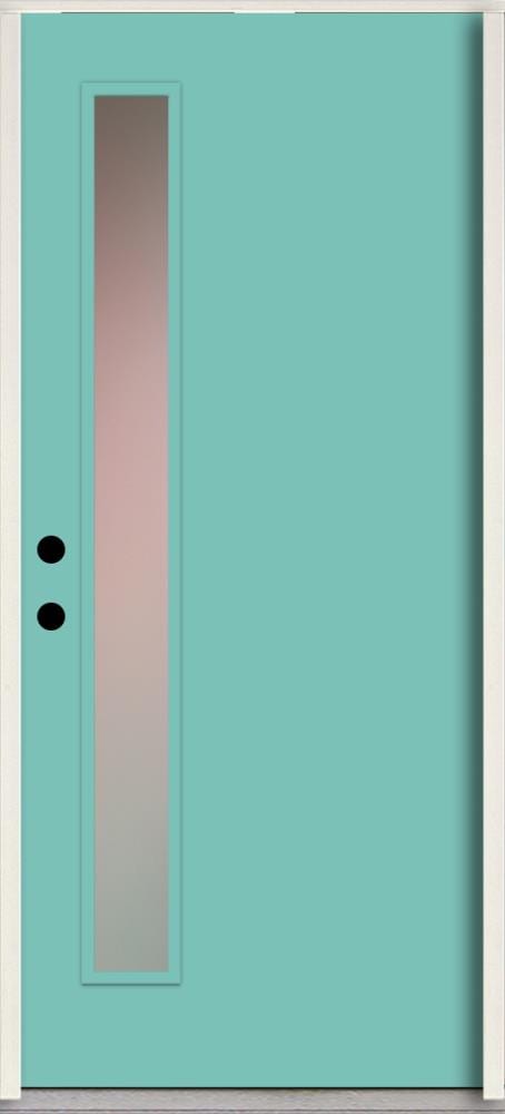 RELIABILT LO1065437 Spotlights 36-in x 80-in x 4-5/8-in Fiberglass 1/4 lite Right-hand inswing Caribbean Blue Paint Painted Prehung Front Door Insulating core