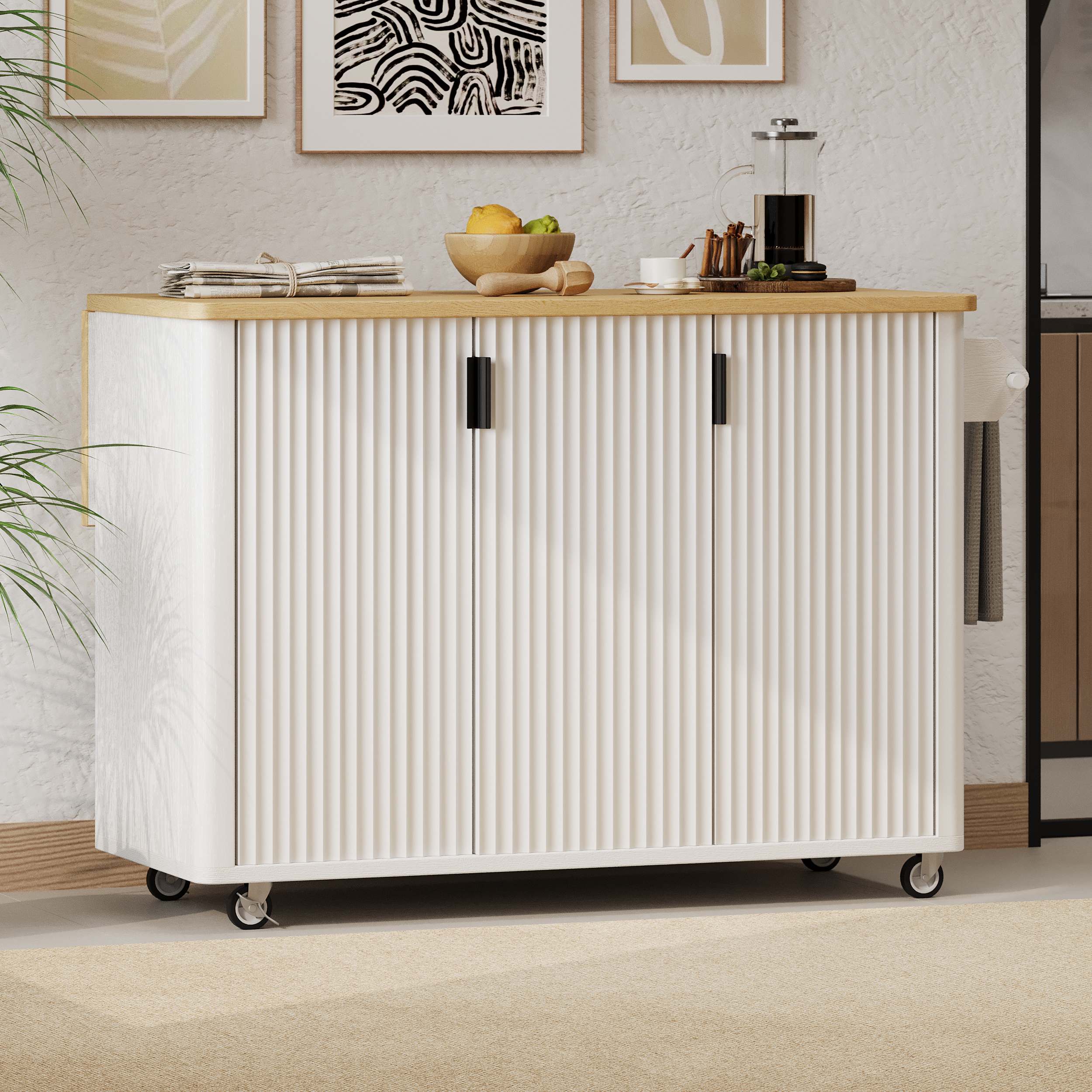 Misty Moon 51 Inch White Fluted Kitchen Island with Drop Leaf Rolling Kitchen Cart with Towel Rack for Kitchen Dining Room