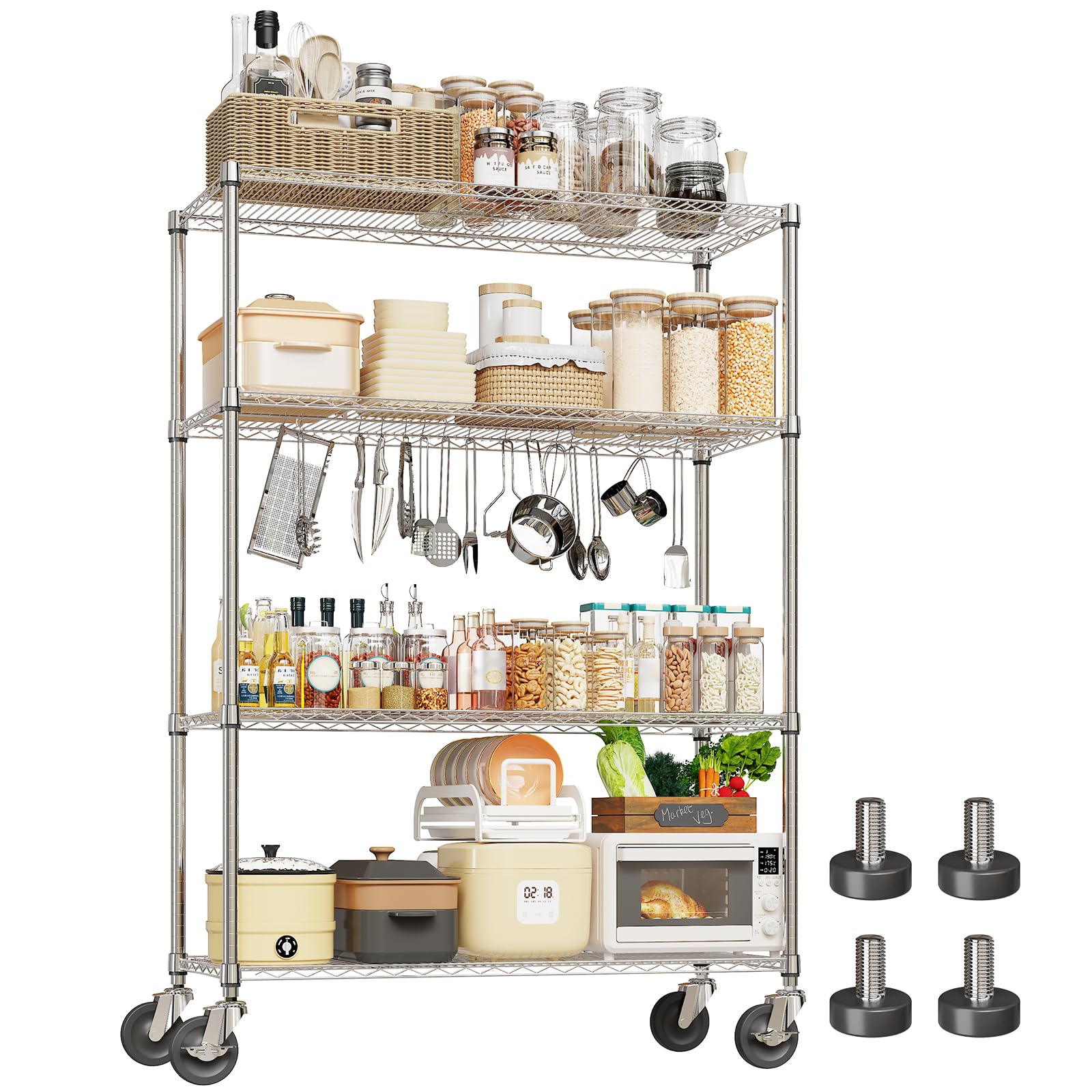 Aoile 4-Tier Chrome Wire Shelving Unit with Wheels Adjustable Metal Storage Rack 71 H x 17.7 D x 47 W Heavy Duty Rolling Shelf with Locking Casters for Garage Kitchen Commercial