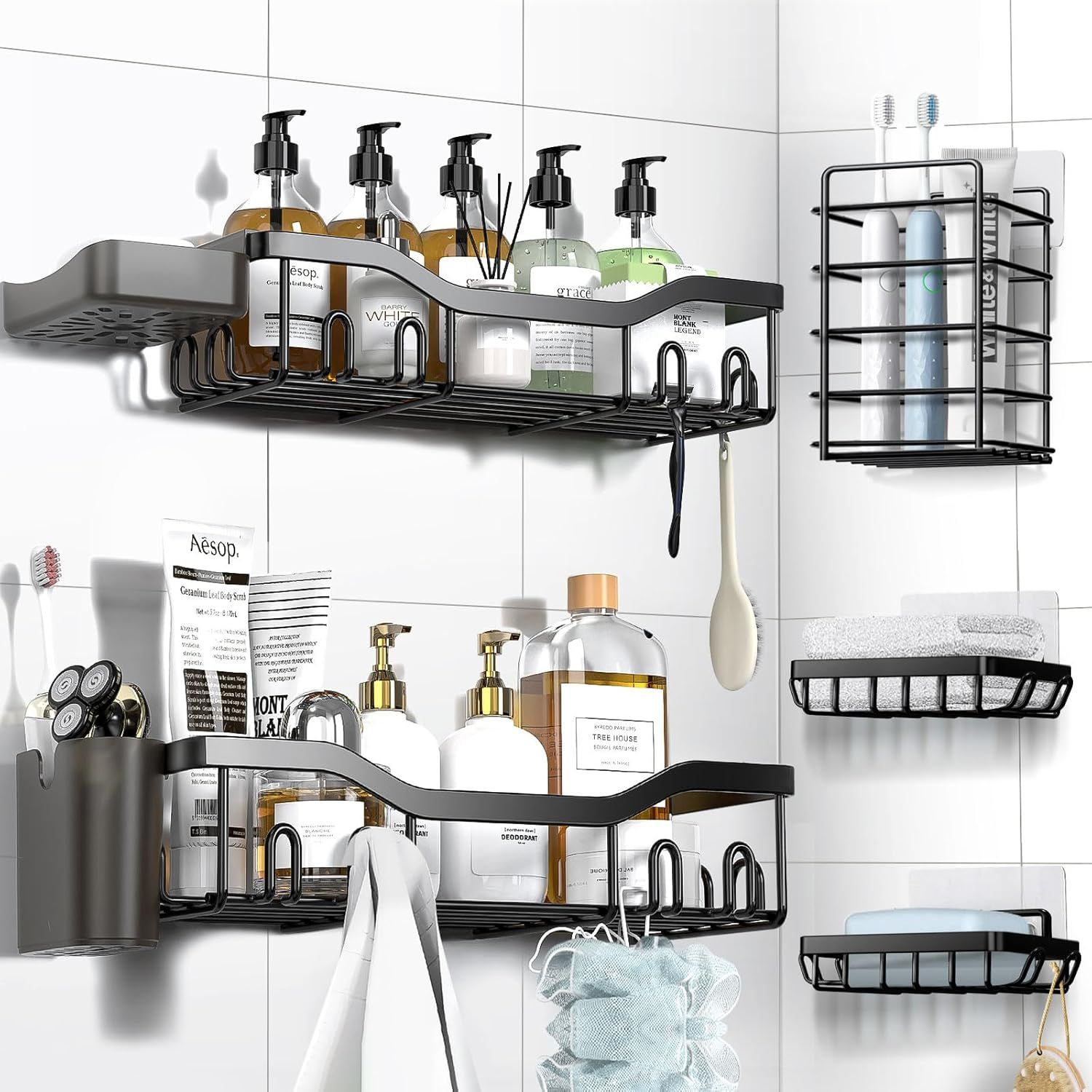 JUSHUA 7-Pack Rustproof Stainless Steel Bathroom Shelves Large Capacity No-Drill Rack Storage Accessories with Soap Dish Toothbrush Holder 24 Hooks Home Decor