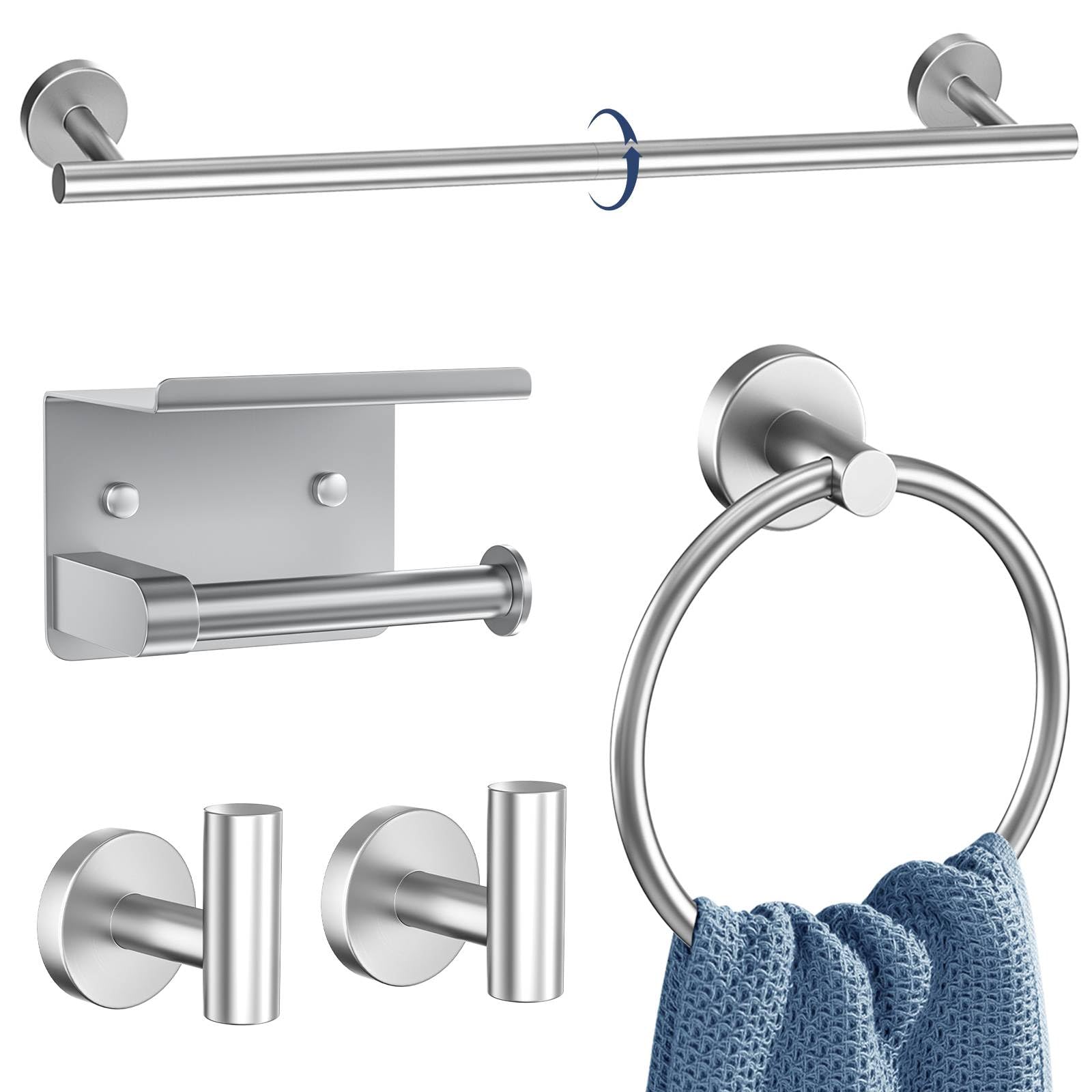 TNSO - Brushed Stainless Steel Bathroom Hardware Set 5 Piece Wall Mounted Multi Functional Storage