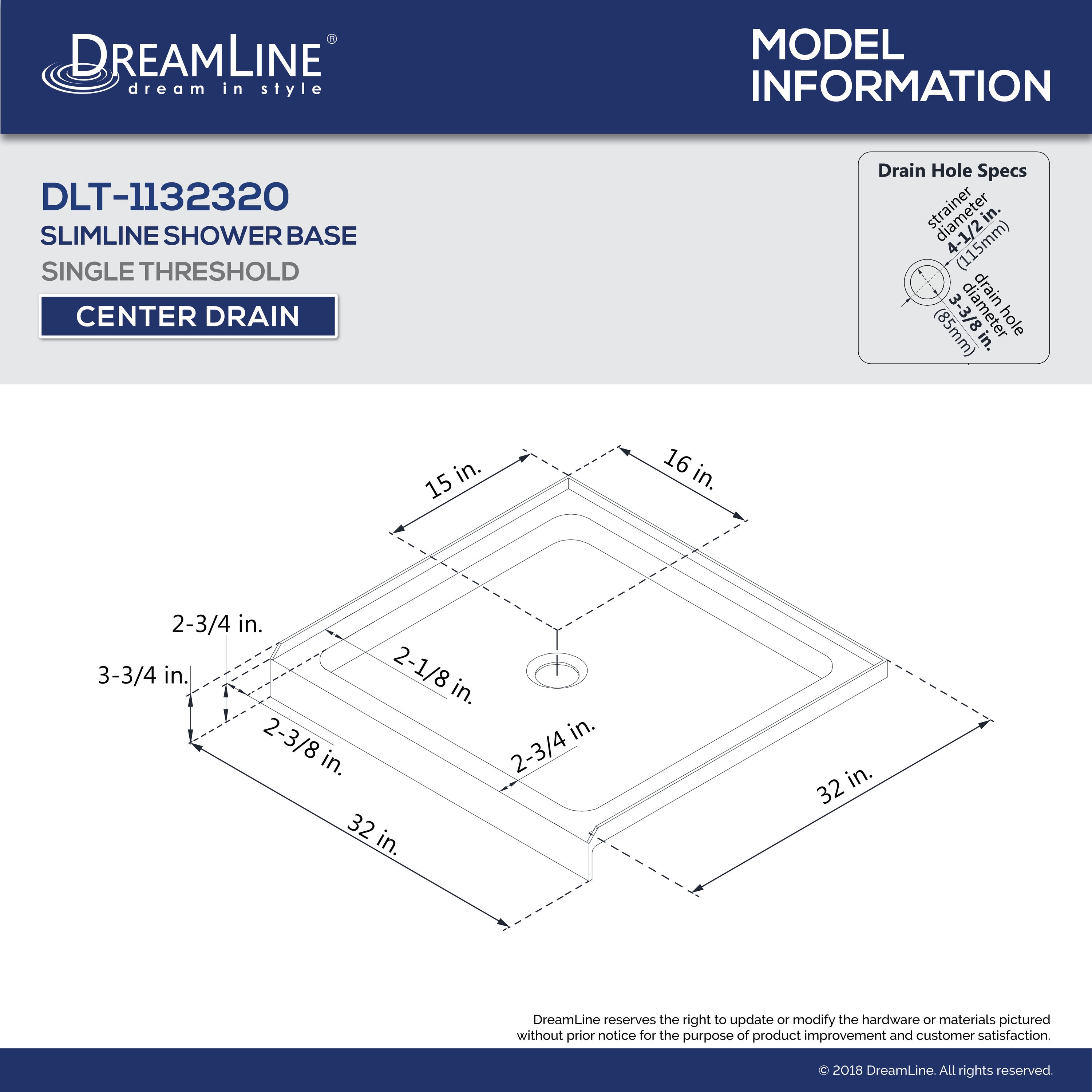 DreamLine DL-6070C-01 32D x 48W Center Drain Acrylic Shower Base and QWALL-5 Backwall Kit - White