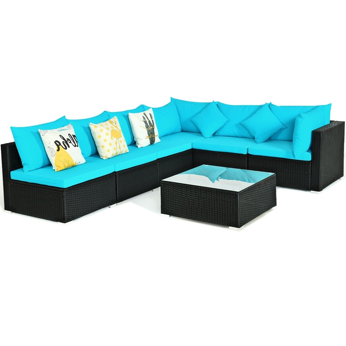 Slickblue D-CO-+UTB42566WH 7-Piece- Outdoor Wicker Sectional Sofa Set with Cushions Included and Steel Frame with Tempered Glass Top Coffee Table for Patio Balcony Backyard or Poolside- Navy/ Beige/ Blue/ Peacock Blue