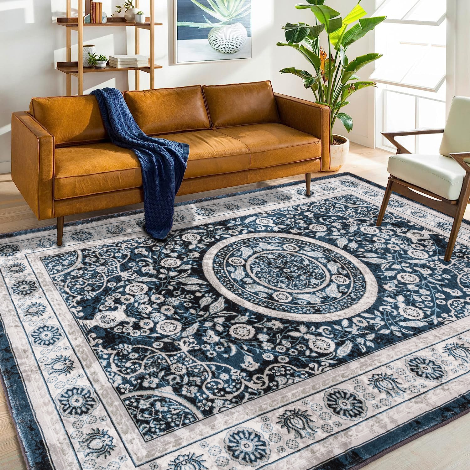 LOVMOR SF-WO-W2907P265137 Area Rug 8x10 Vintage Bohemia Large Persian Non slip Washable Rug For Living Room Kitchen Bedroom Living Room Flower Design Navy Blue