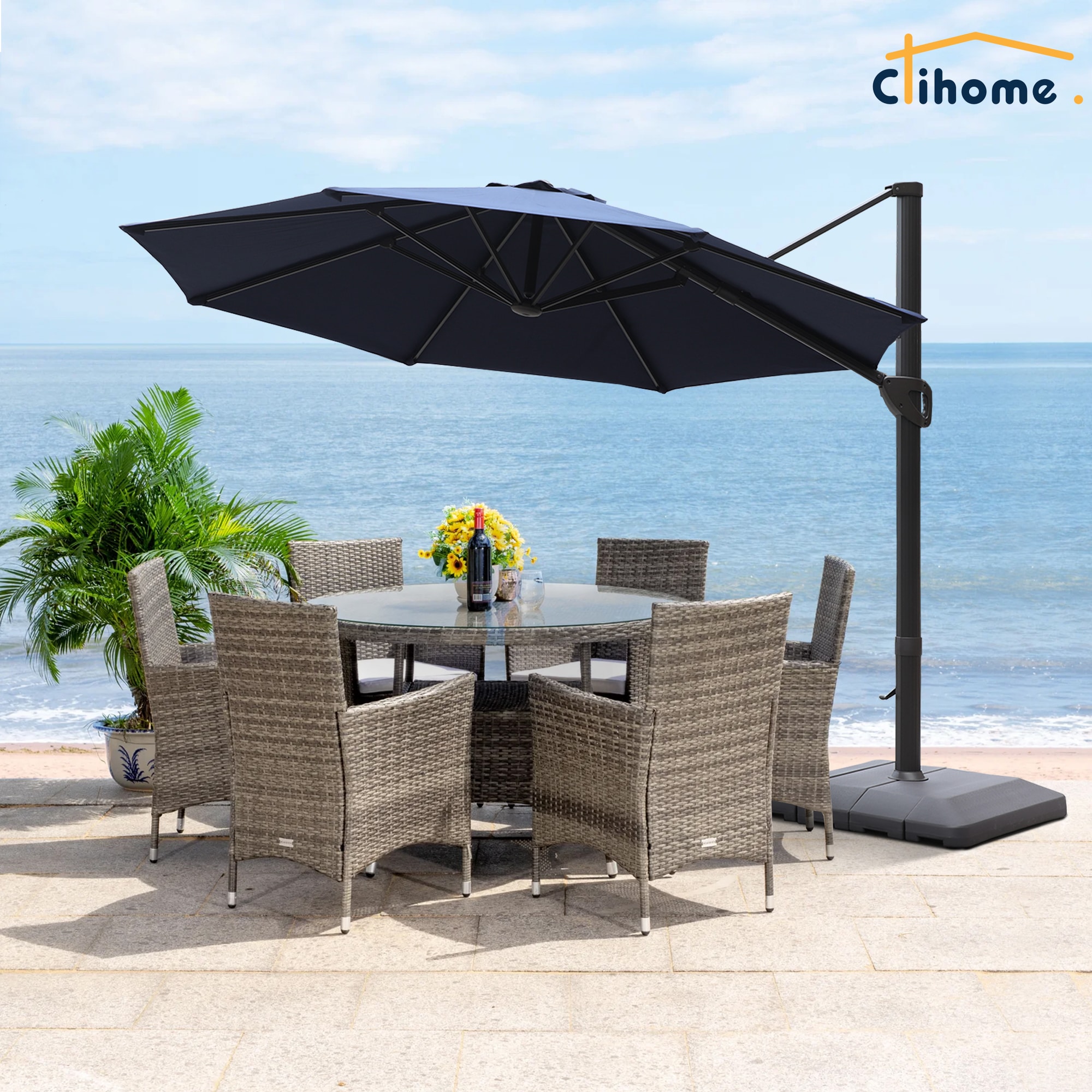 Clihome EDBL-UM1621002KK 11-ft Aluminum Navy Crank Cantilever Patio Umbrella with Base