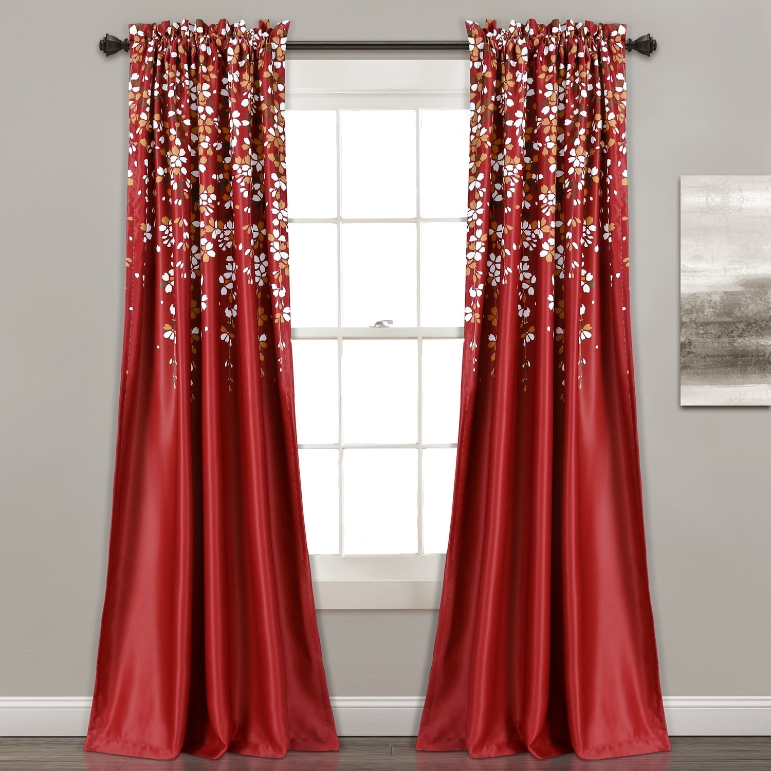 Lush Decor 16T001633 84-Inches Red Floral Light filtering Rod pocket Curtain panel pair