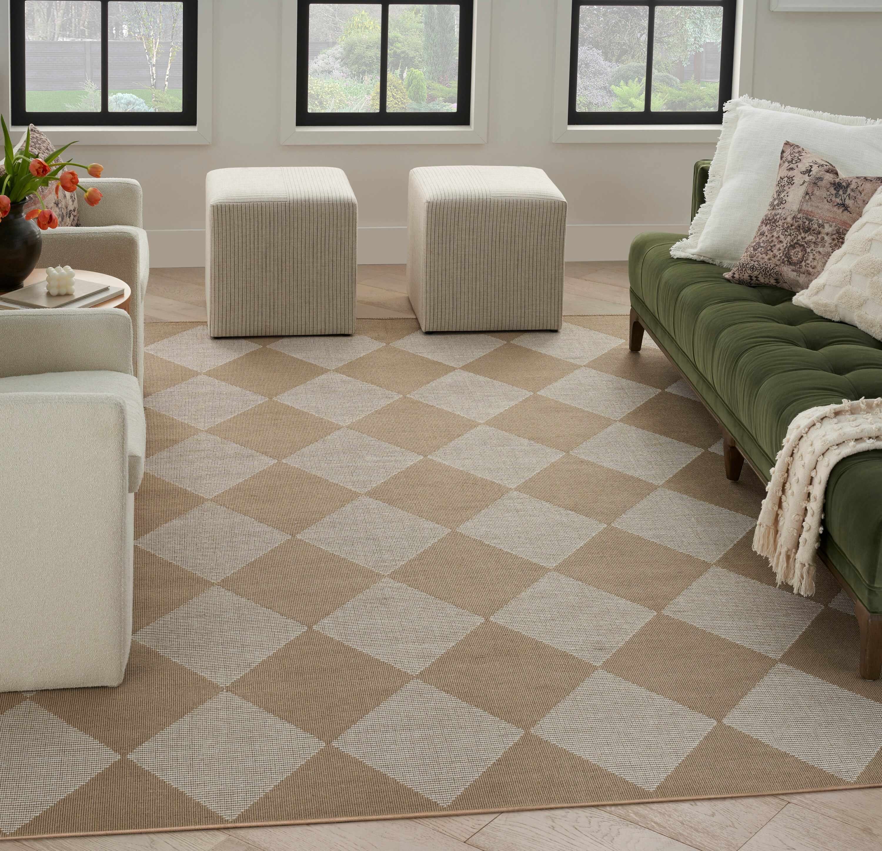Ivory and Beige Geometric Cotton Blend Washable Rug 5' x 7'
