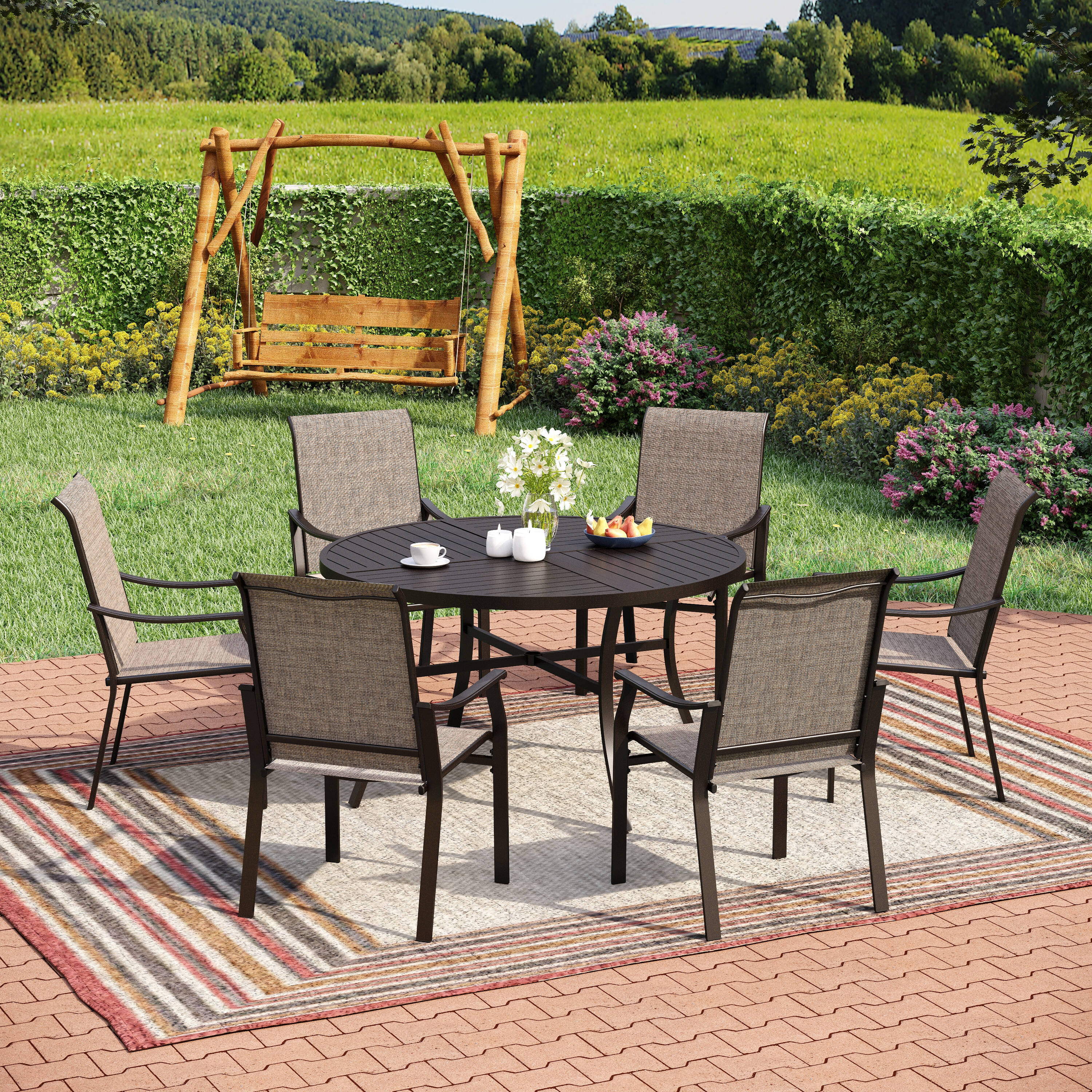 Sunshine Valley TC7-165-409B Outdoor Table and Chairs 7 -Piece Black Patio Dining Set Steel Round Table with 6 Gray Stationary Chairs
