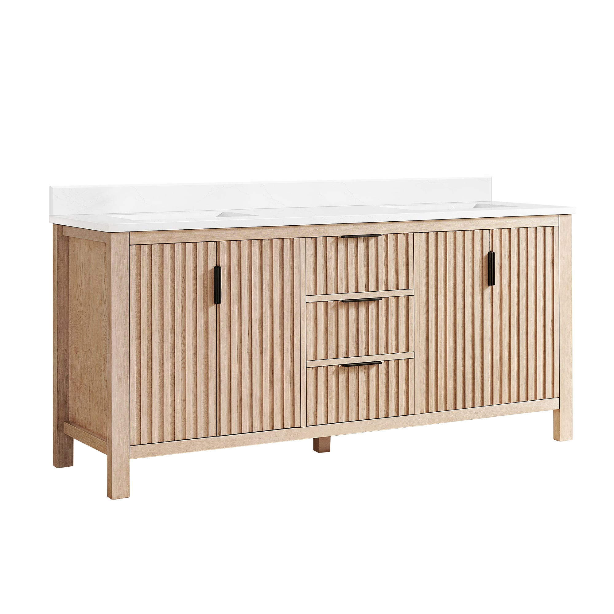 Vinnova 72-in Aged Natural Oak Finish Undermount Double Sink Bathroom Vanity with White Grain Engineered Stone Top (Fully Assembled)