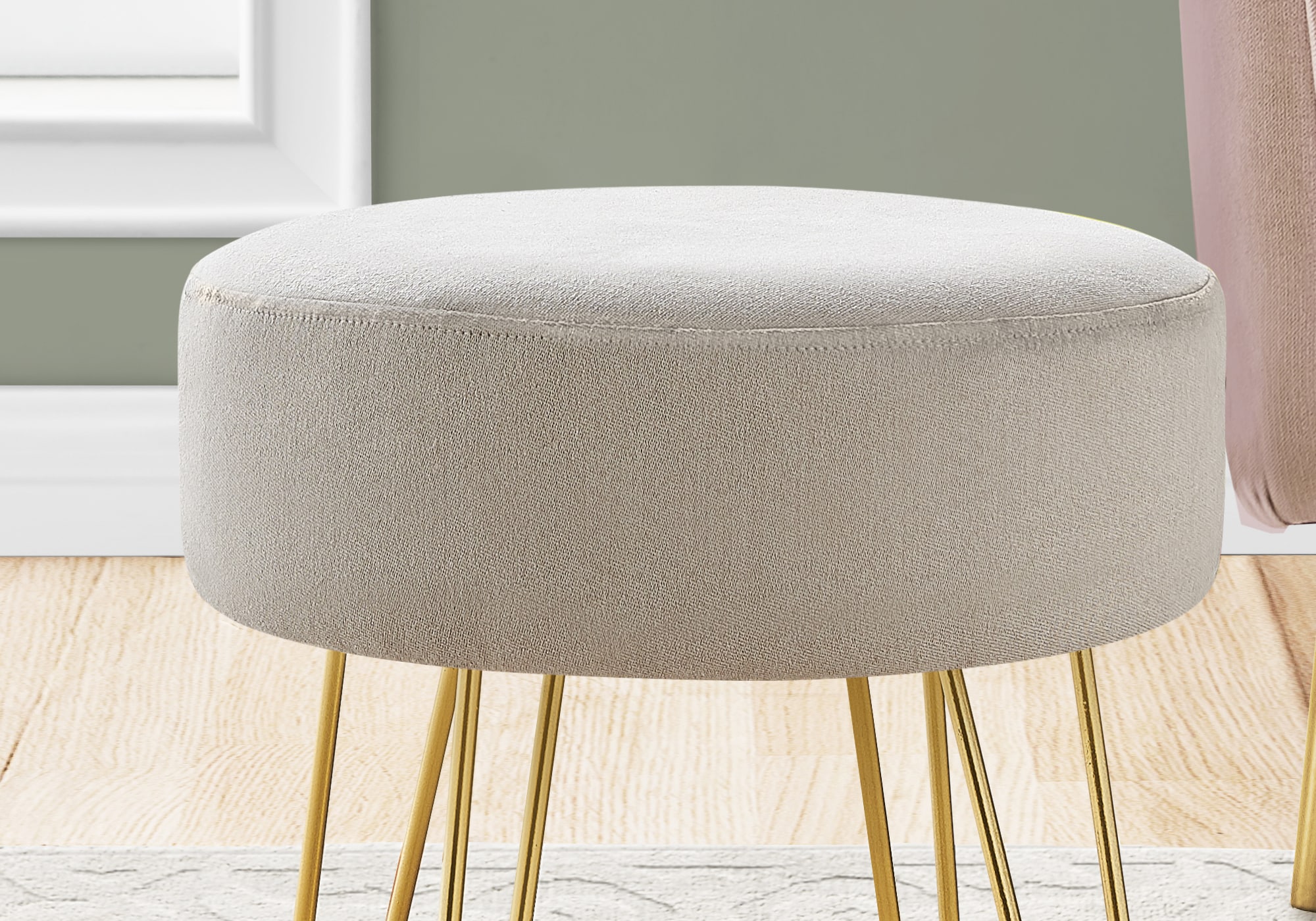 Beige Round Tufted Pouf with Gold Metal Legs