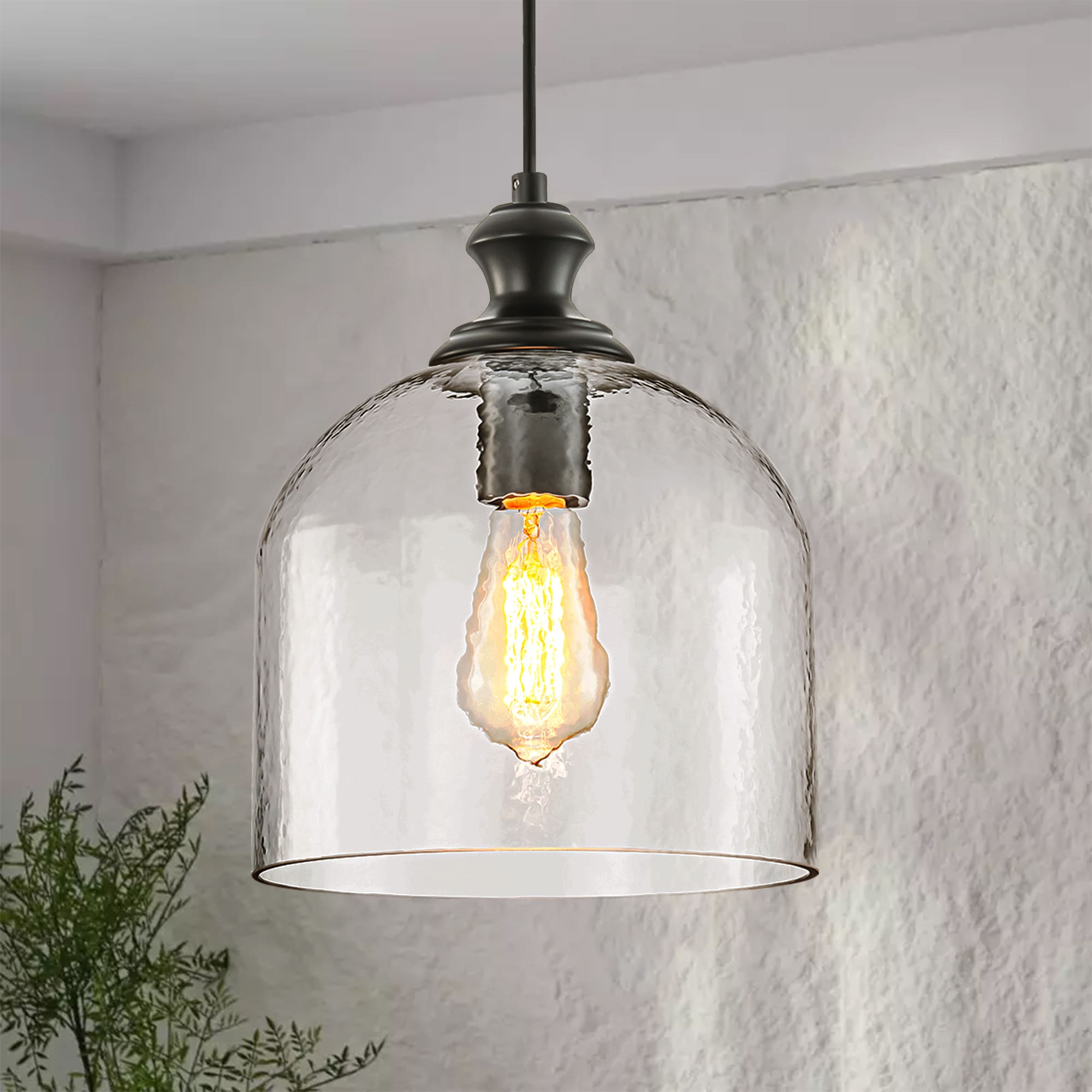 Rennnsan PL810173968 Athala 1 -Light Matte Black Industrial Textured glass Bell Medium Hanging Pendant light