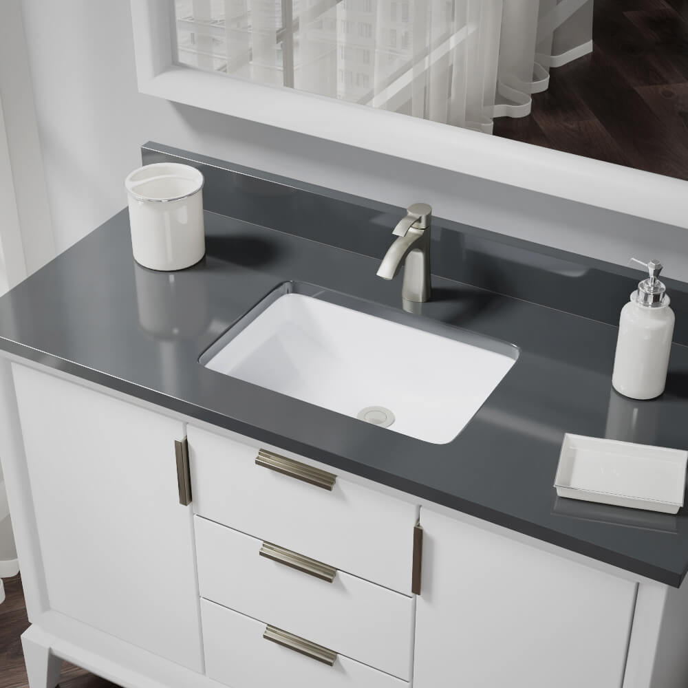 Rene R2-1002-W-PUD-BN Porcelain Undermount Rectangular Traditional White Bathroom Sink with Drain Included ( 20.75-Inches x 14.75-Inches )