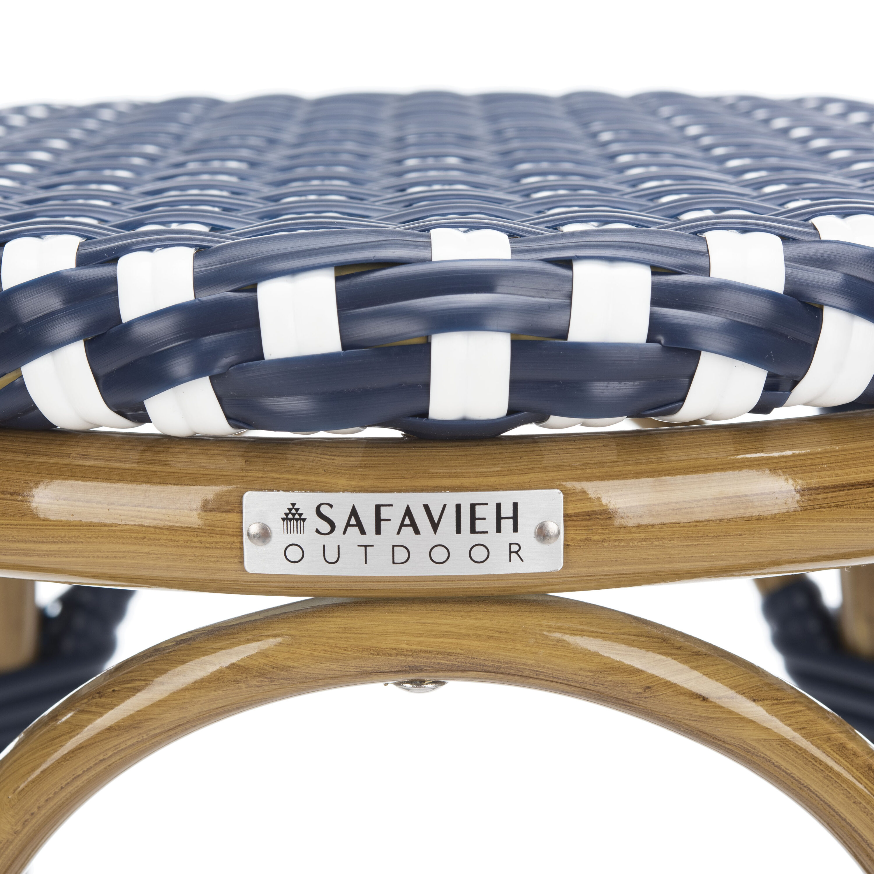Safavieh FOX5211D Kipnuk Wicker Stackable Navy/White/Light Brown Rattan Frame Stationary Bar Stool Chair with Woven Seat
