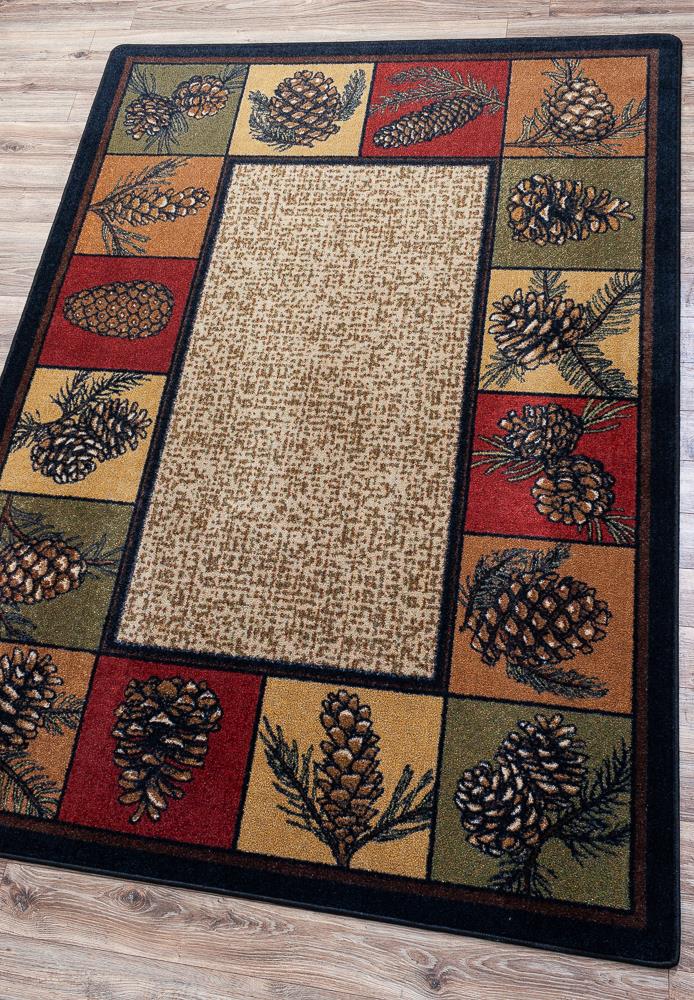 3' x 4' Patchwork Bear & Pinecones Green Rectangle Nylon Area Rug