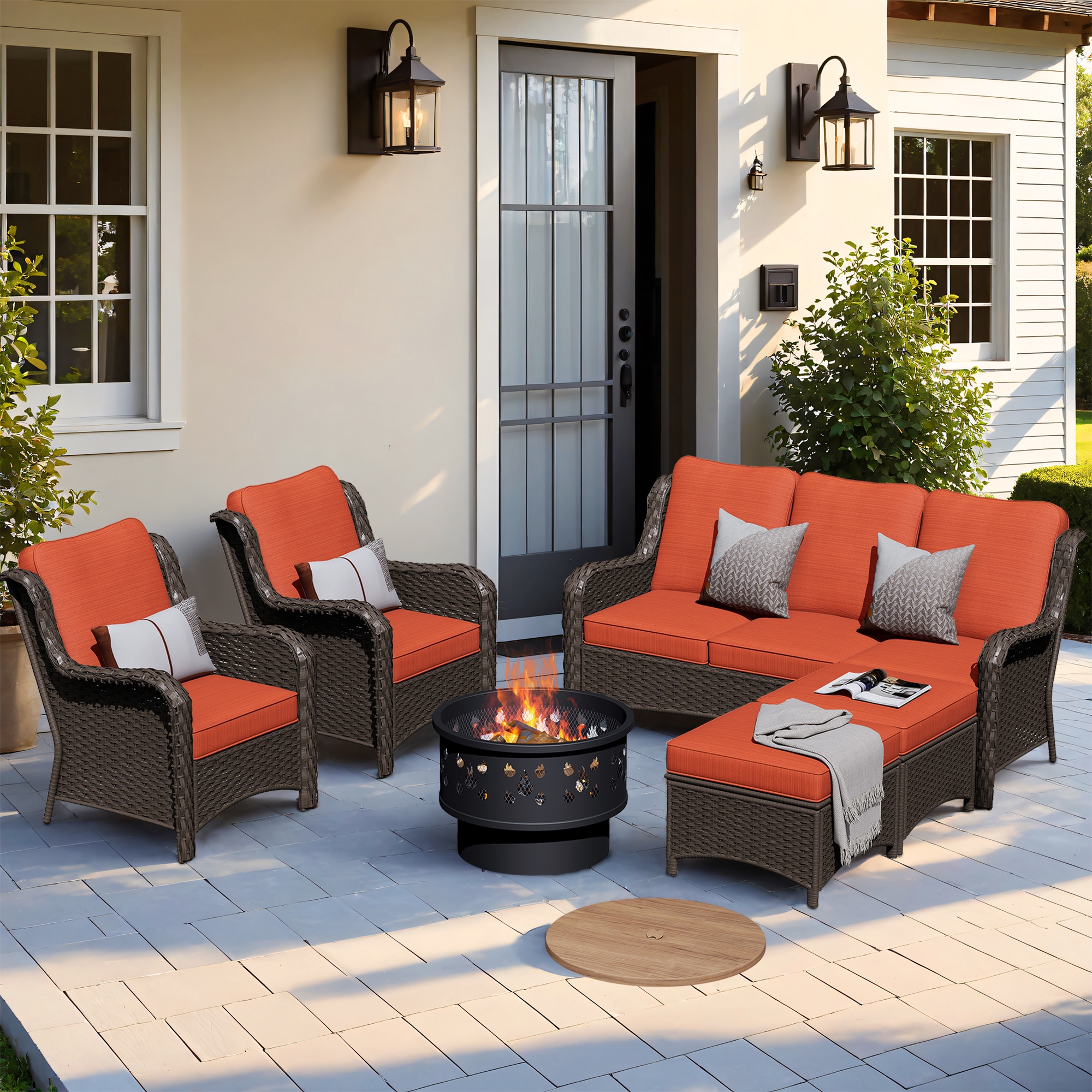 XIZZI XIXCT8163-YMFP Vesta 6 -Piece Wicker Patio Sofa Conversation Set with Orange Cushions