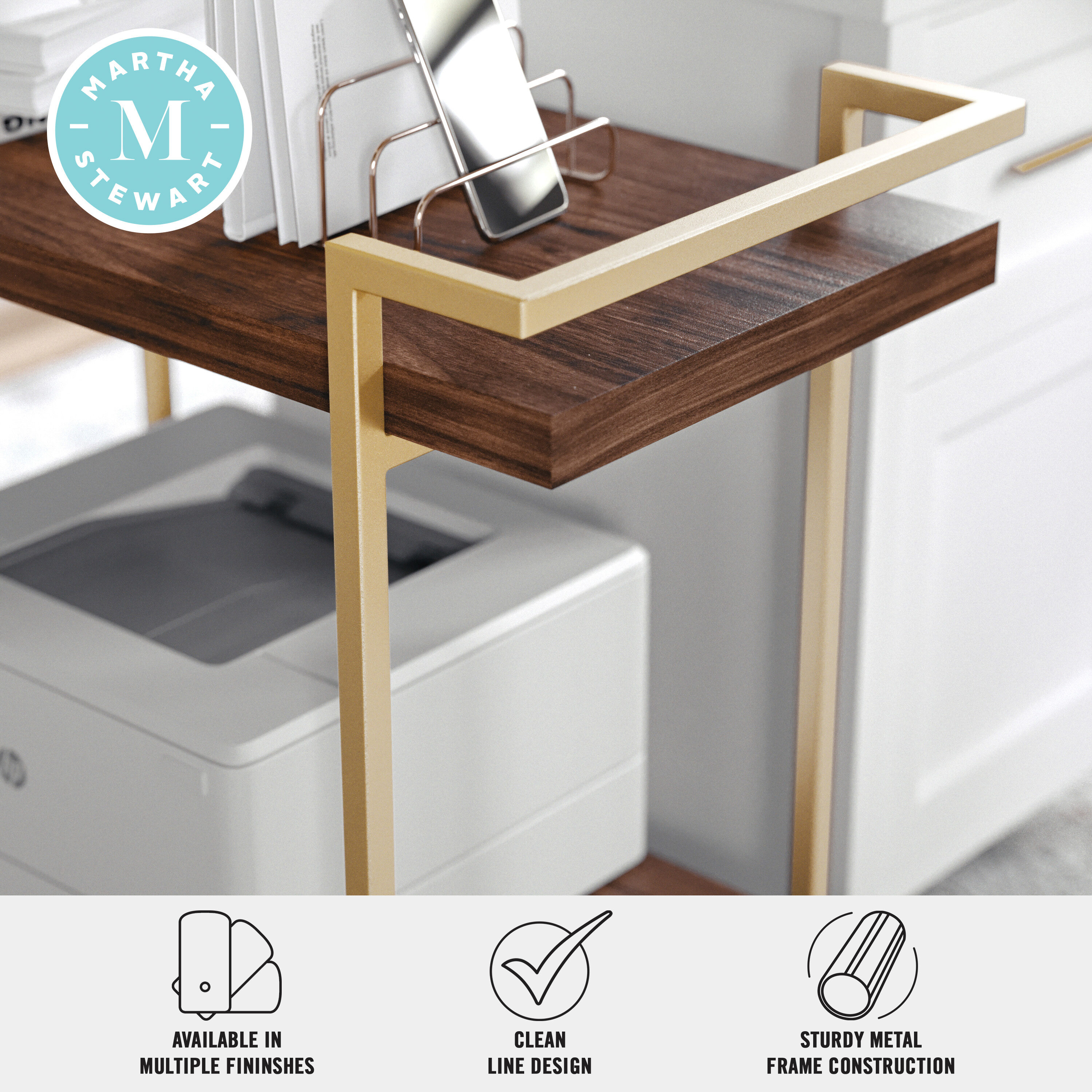 Walnut and Brass 2-Tier Mobile Office Printer Cart with Side Storage