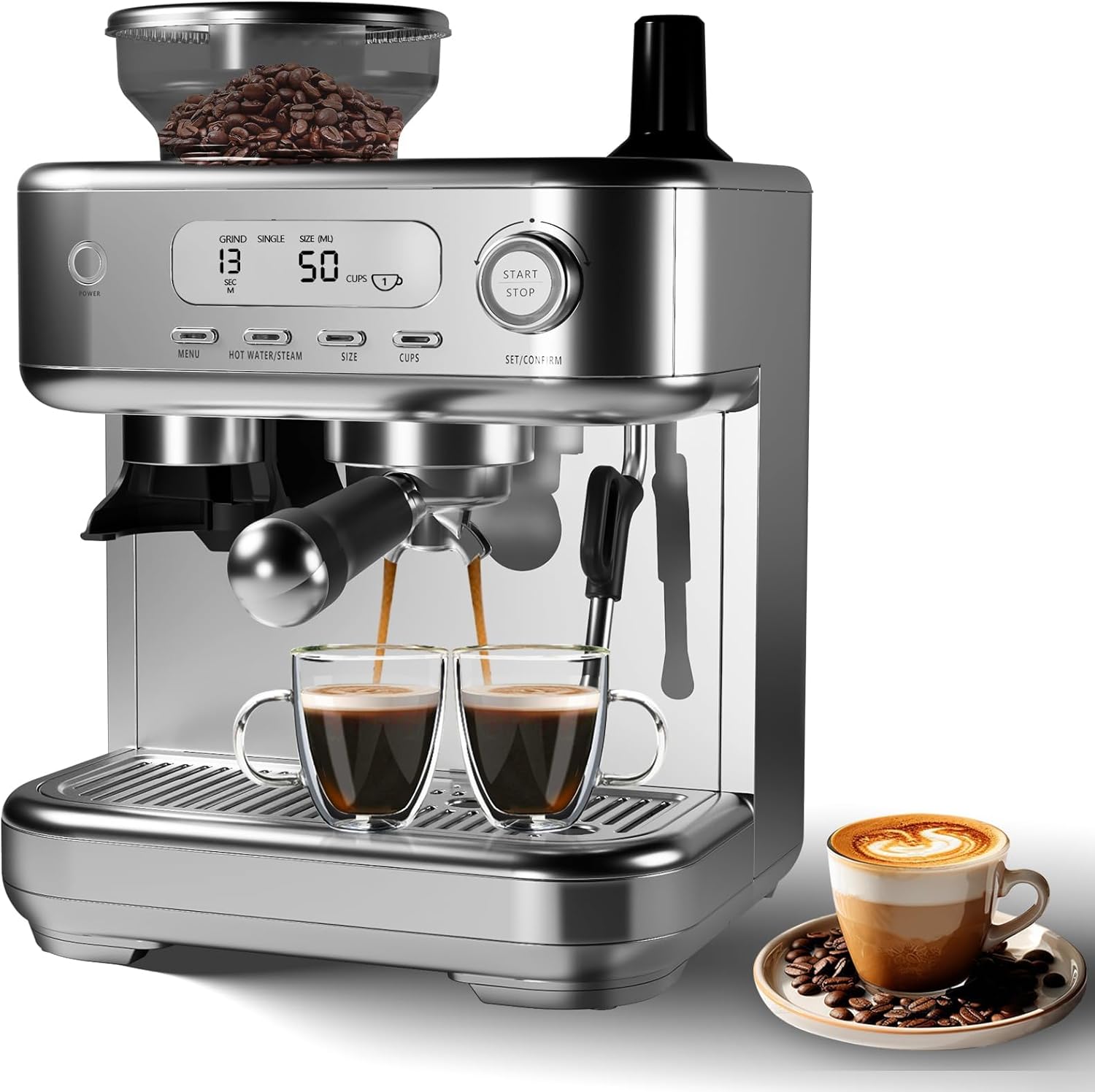 Qeetex COFFEPHO0ZRKMFUG Professional Espresso Machine With Built In Quiet Grinder Fifteen Precision Settings Dual Hot Cold Milk Frothing Fifteen Beverage Options Smart Automated Cleaning And Large Two Point Three Liter CapacitySilver