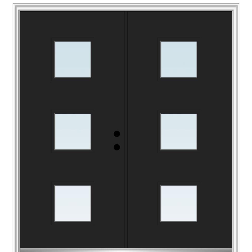 MMI DOOR ZZ346117L Spotlights 72-in x 80-in x 4-9/16-in Fiberglass Half lite Left-hand inswing Black Painted Prehung Double Front Door with Brickmould Insulating core