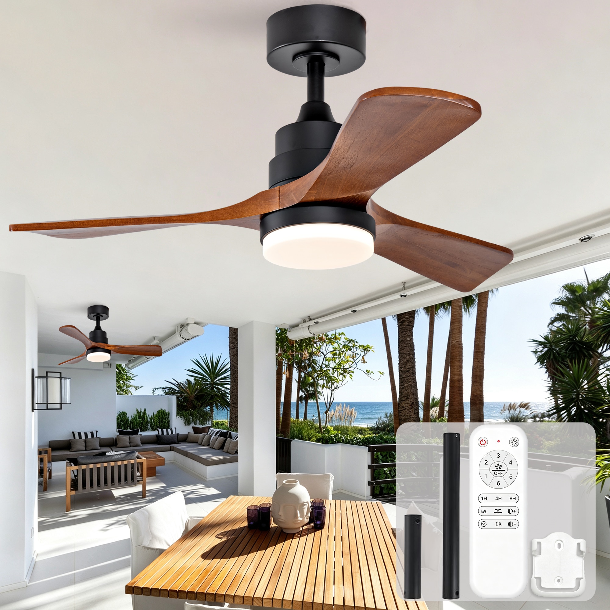 YOTOO 36 Inch Black and Dark Walnut Solid Wood 3-Blade Propeller Ceiling Fan with Light 3 Color Dimmable LED 6 Speeds Reversible DC Motor with 5 and 10 Inch Downrods for Bedroom Living Room
