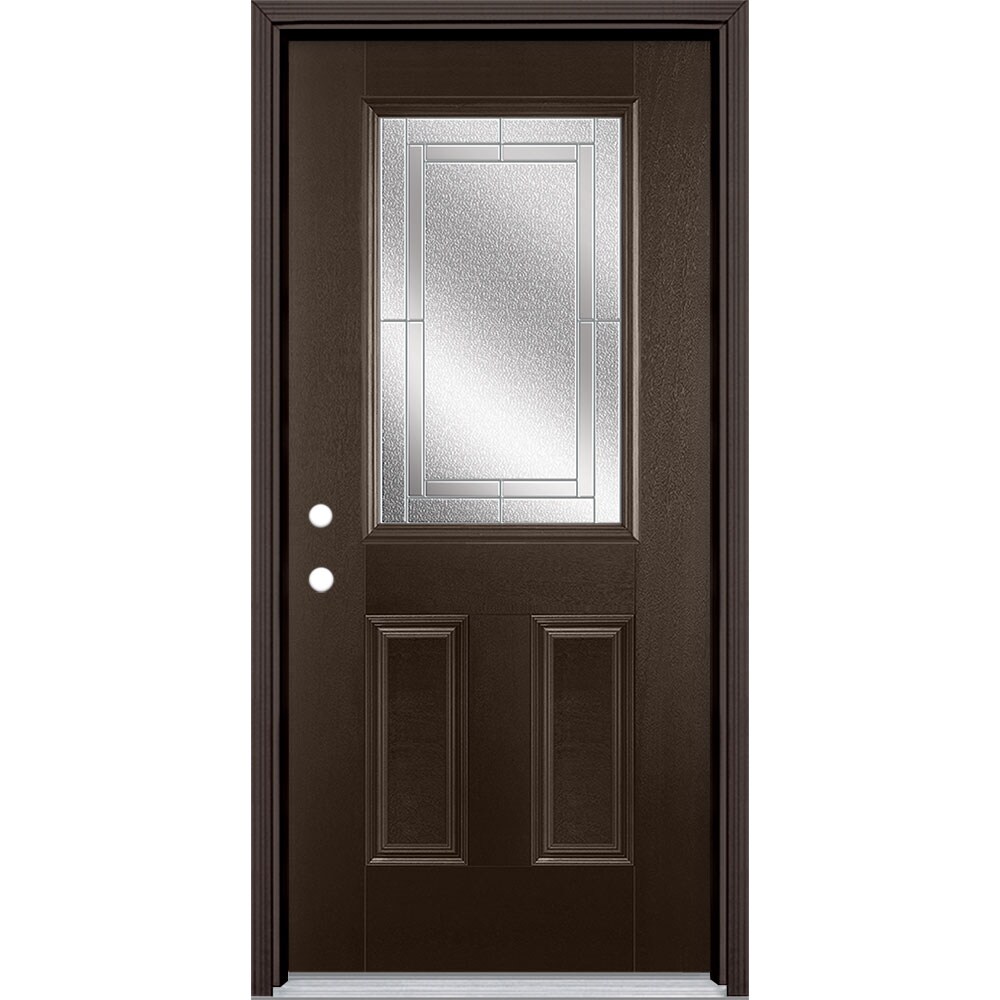 Masonite 3419742 Focus 36-in x 80-in x 4-9/16-in Fiberglass Half lite Right-hand inswing Walnut Stained Prehung Front Door with Brickmould Insulating core